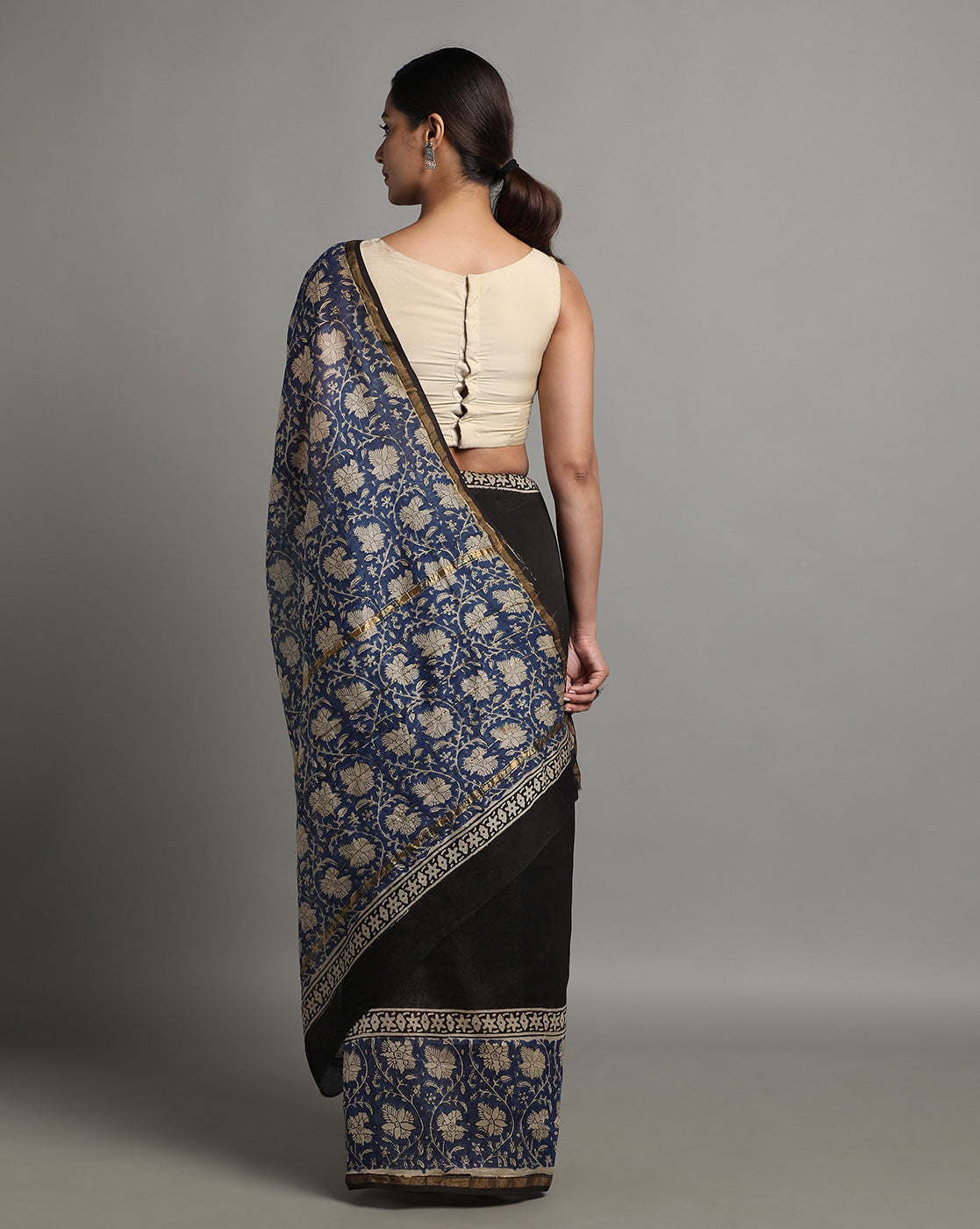 Blue & Black Floral Chanderi Saree