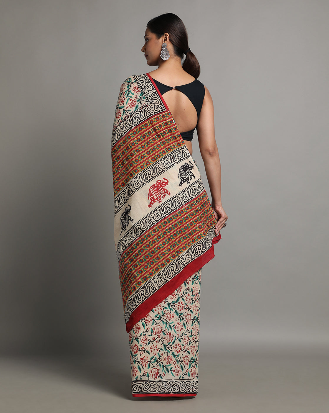 Beige Floral Cotton Mulmul Saree
