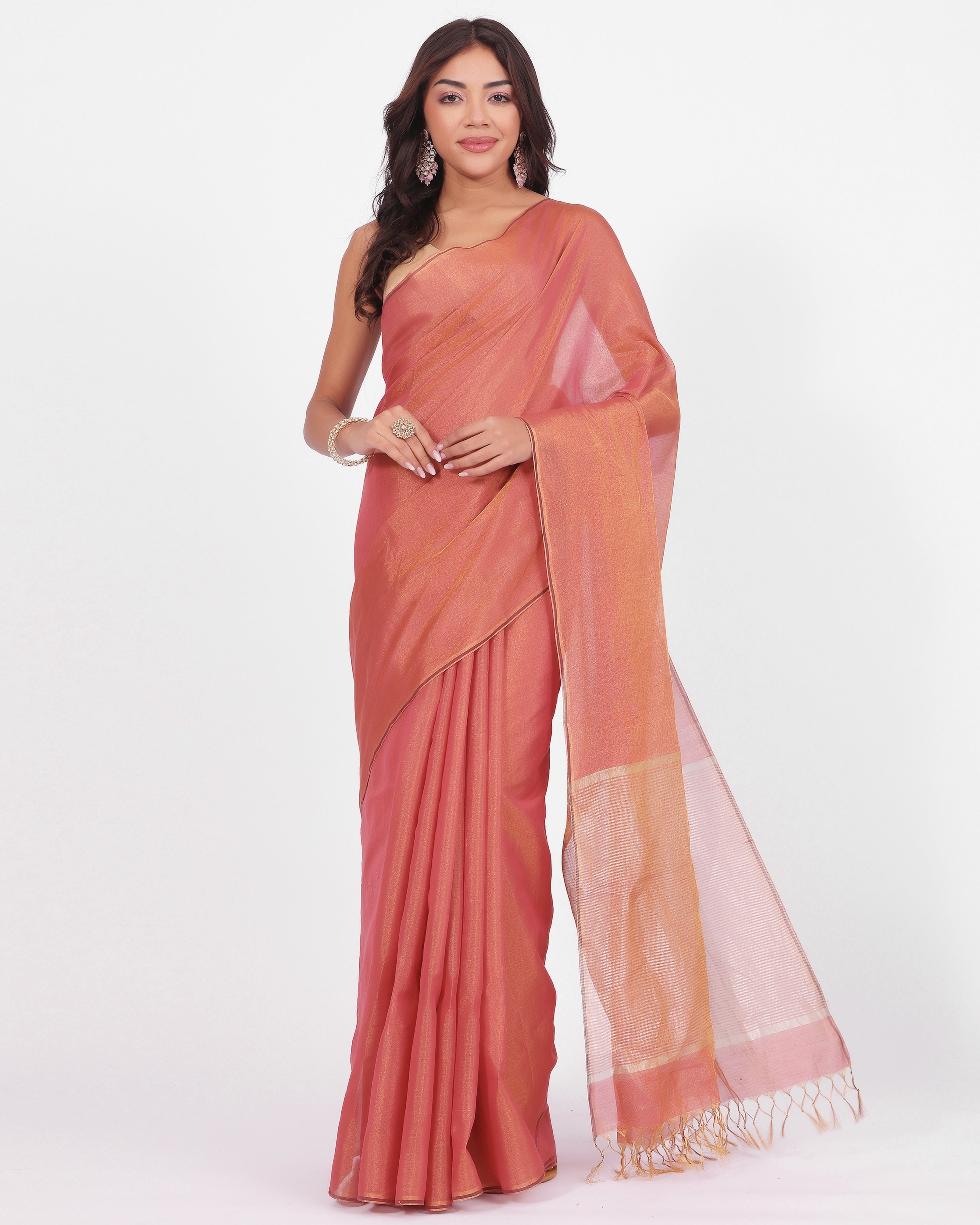 Coral Rust Handloom Chanderi Tissue Saree