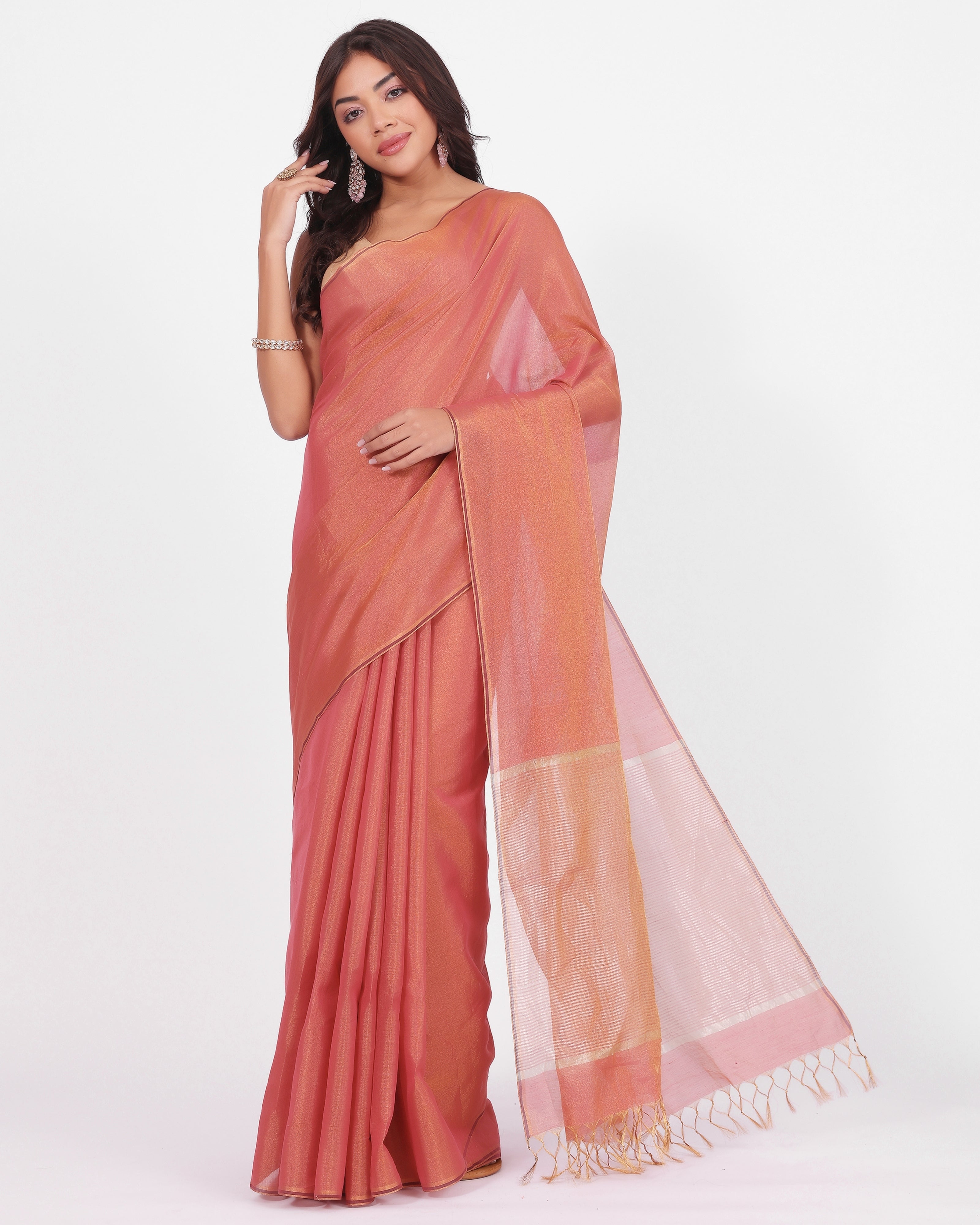 Coral Rust Handloom Chanderi Tissue Saree