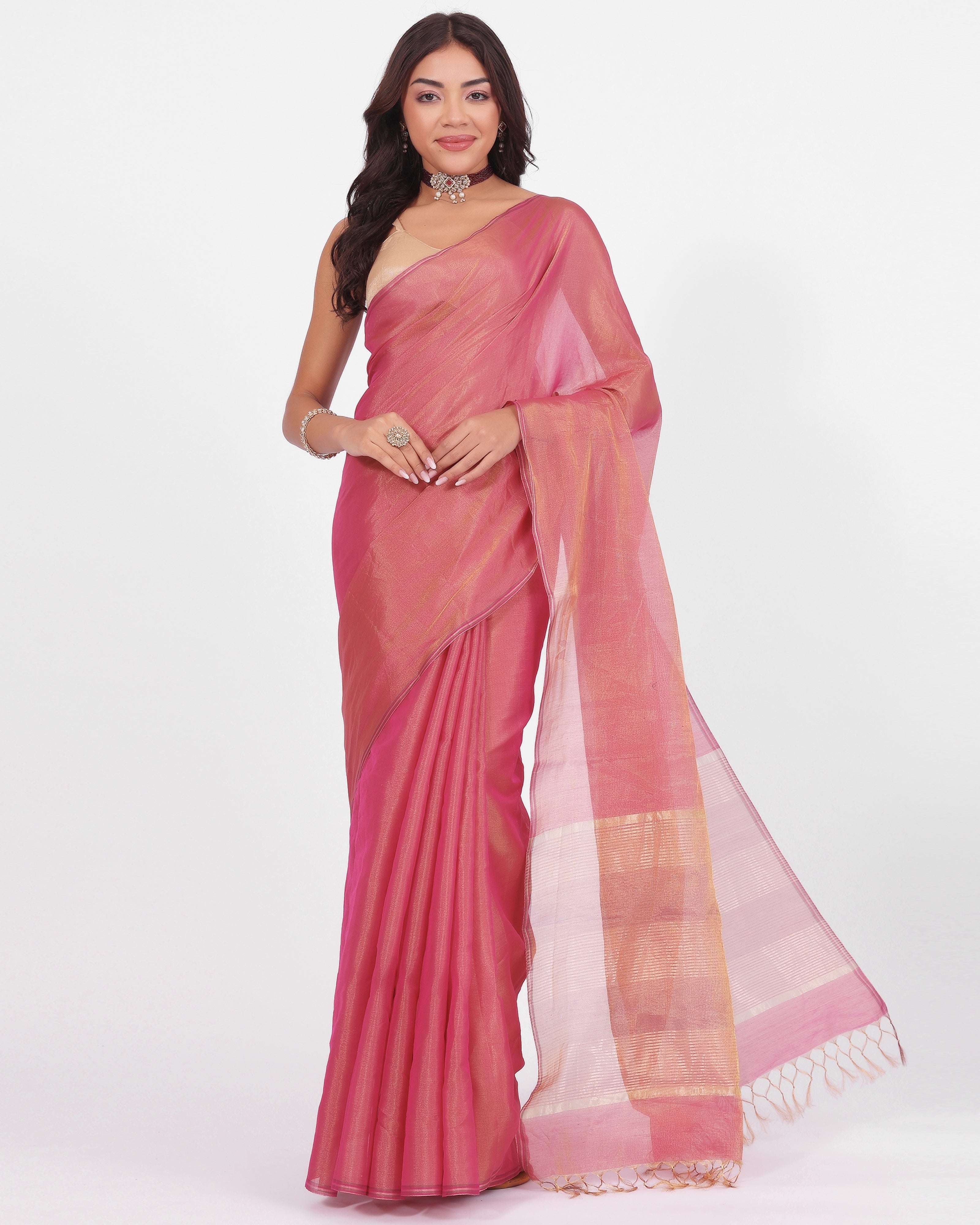Dark Pink Handloom Chanderi Tissue Saree