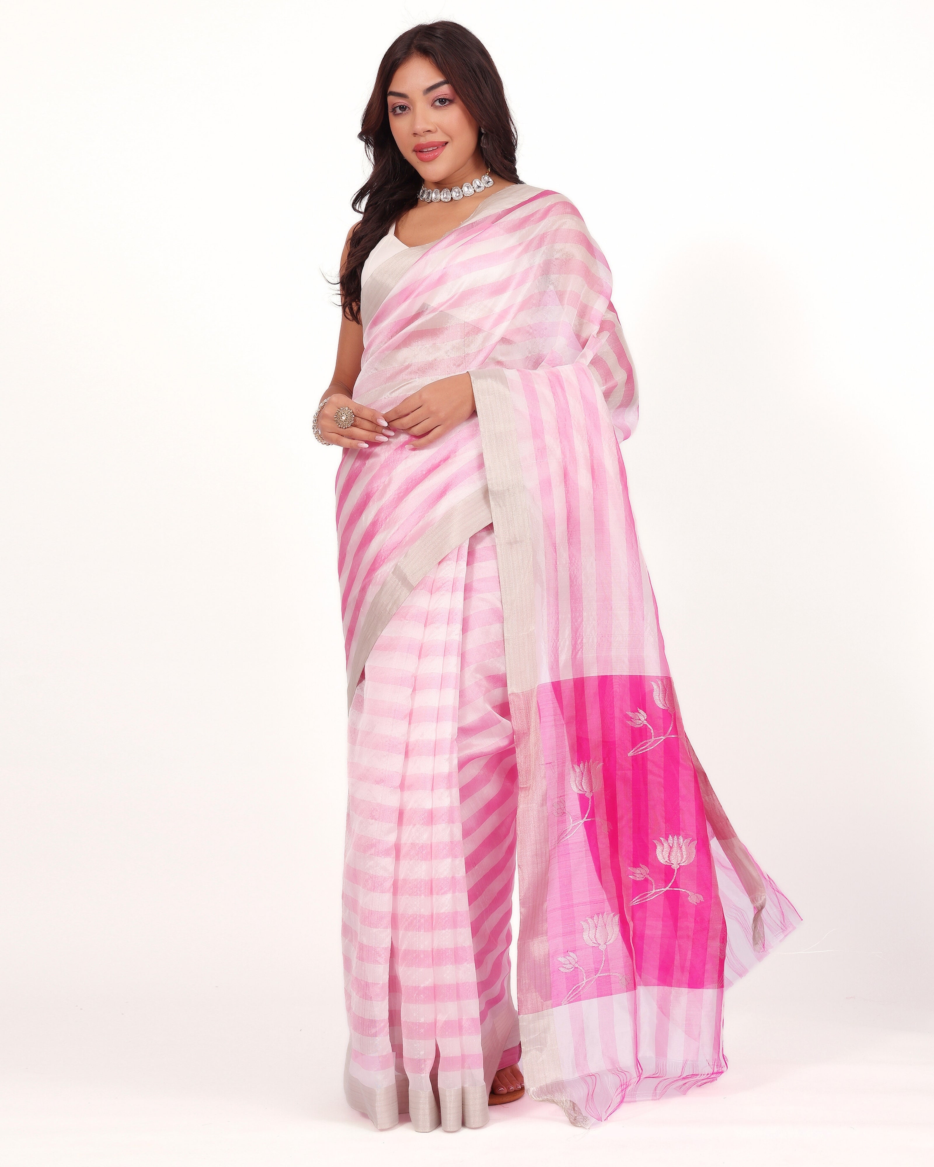 Pink Floral Chanderi Handloom Silk Saree