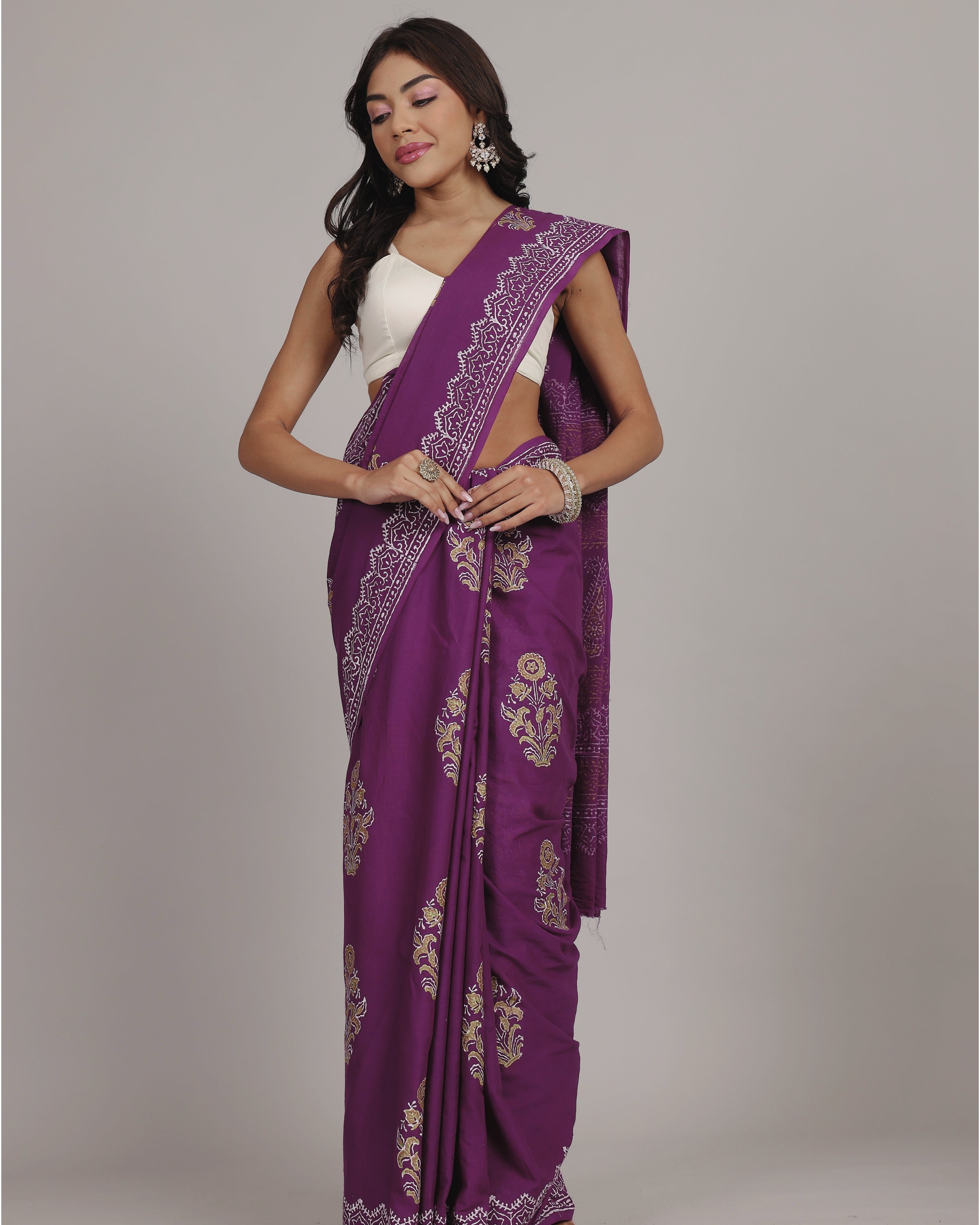 Tyrian Purple Cotton Mulmul Saree