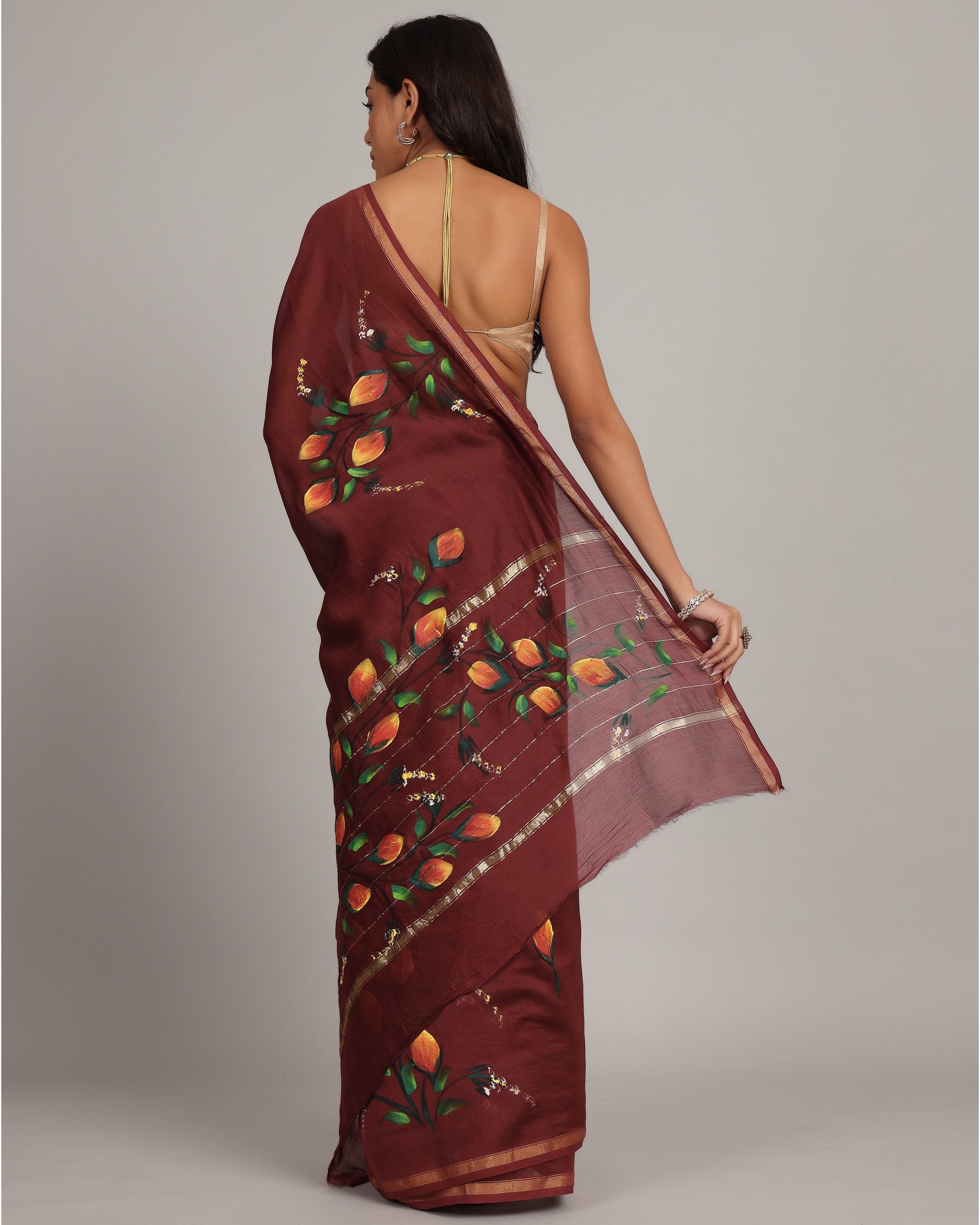 Wine Red Floral Chanderi Saree