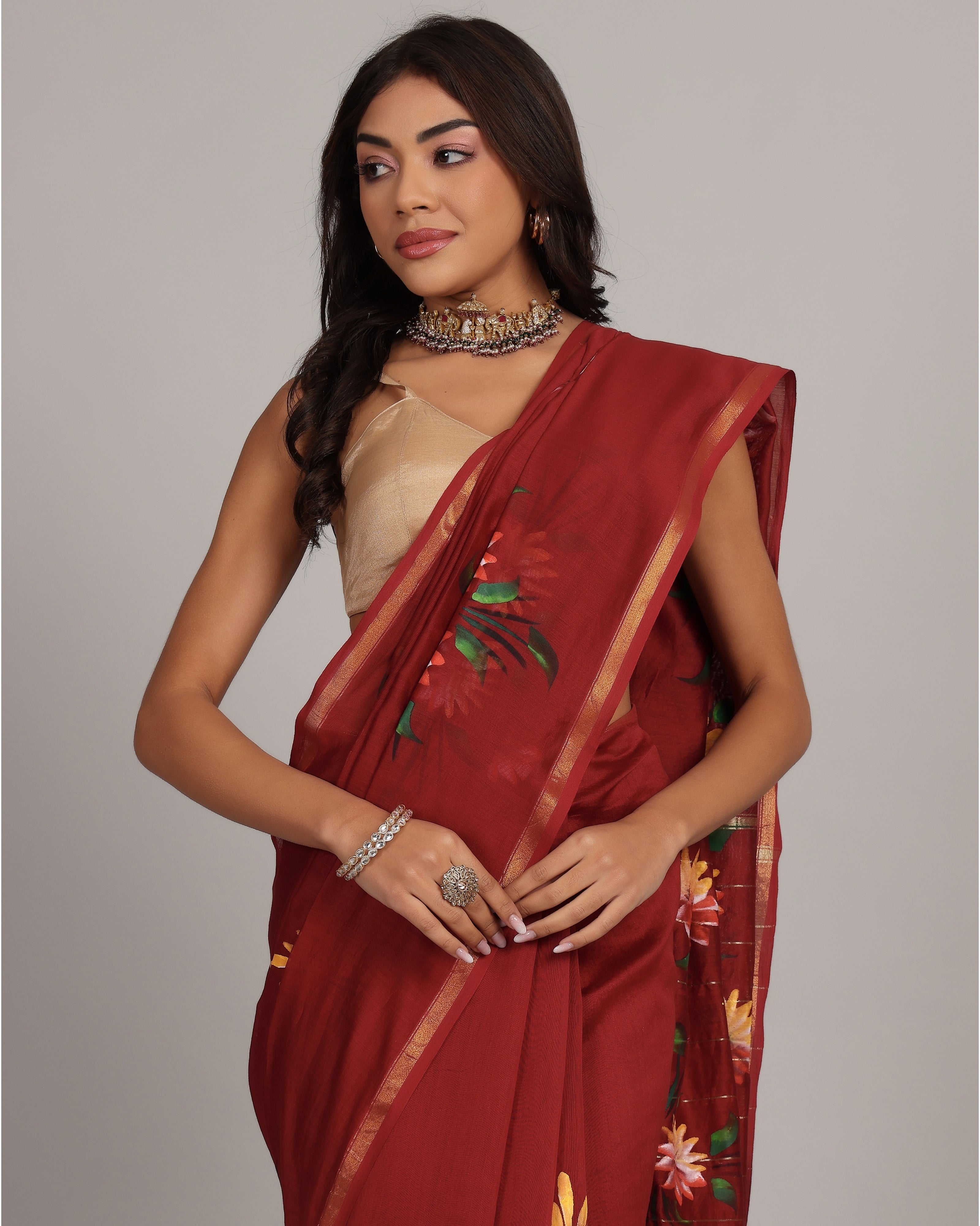 Burgundy Floral Chanderi Saree