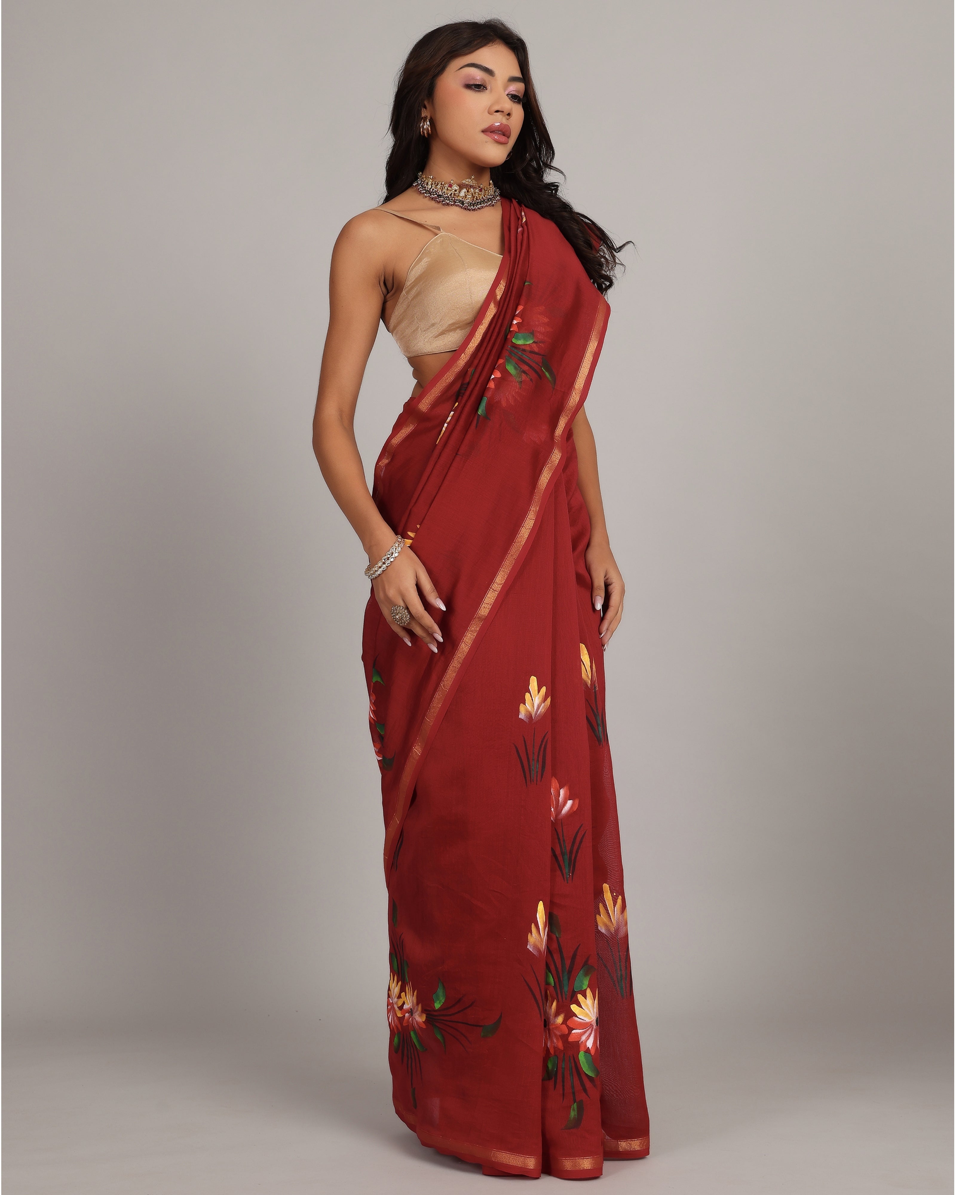 Burgundy Floral Chanderi Saree