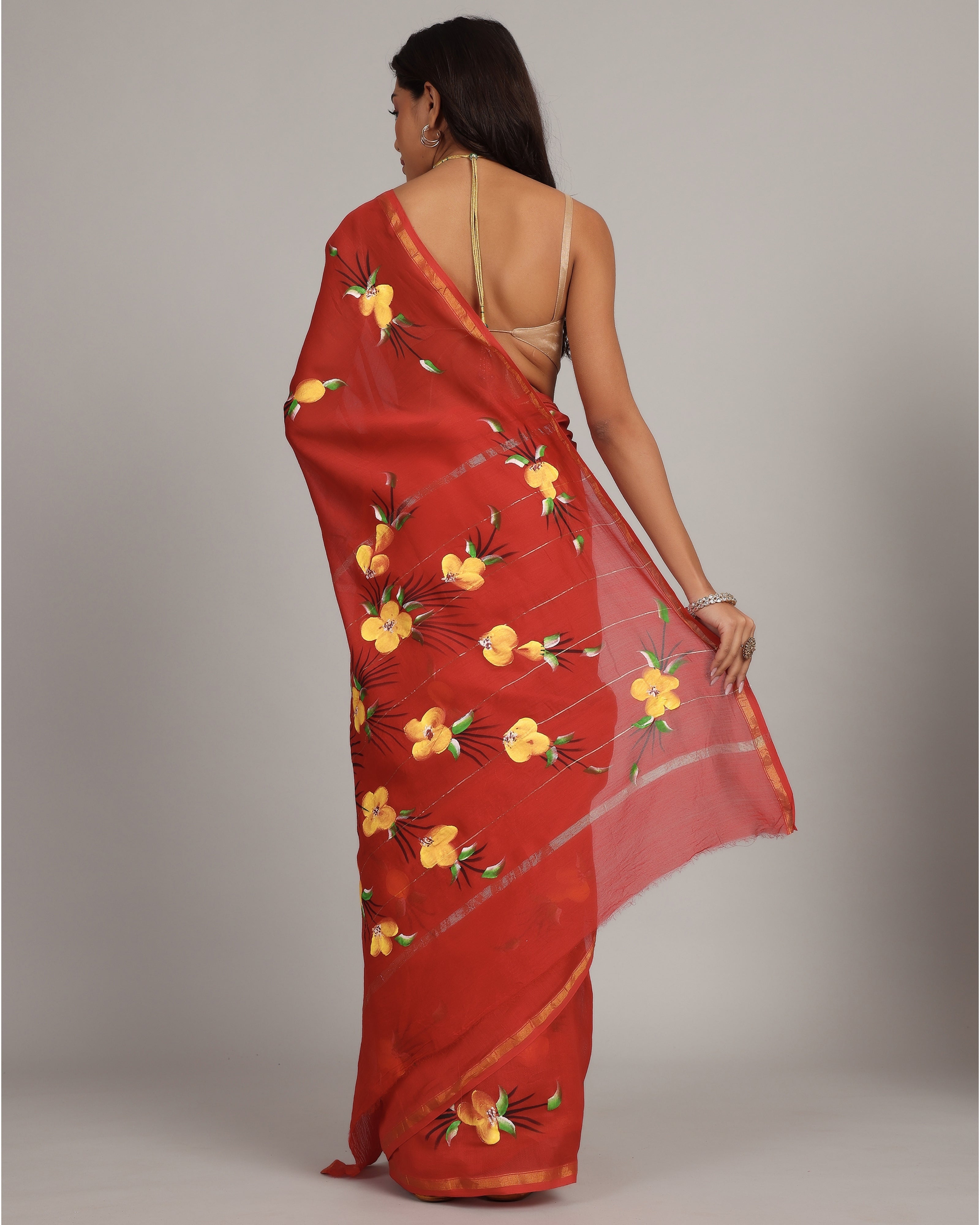 Crimson Red Floral Chanderi Saree