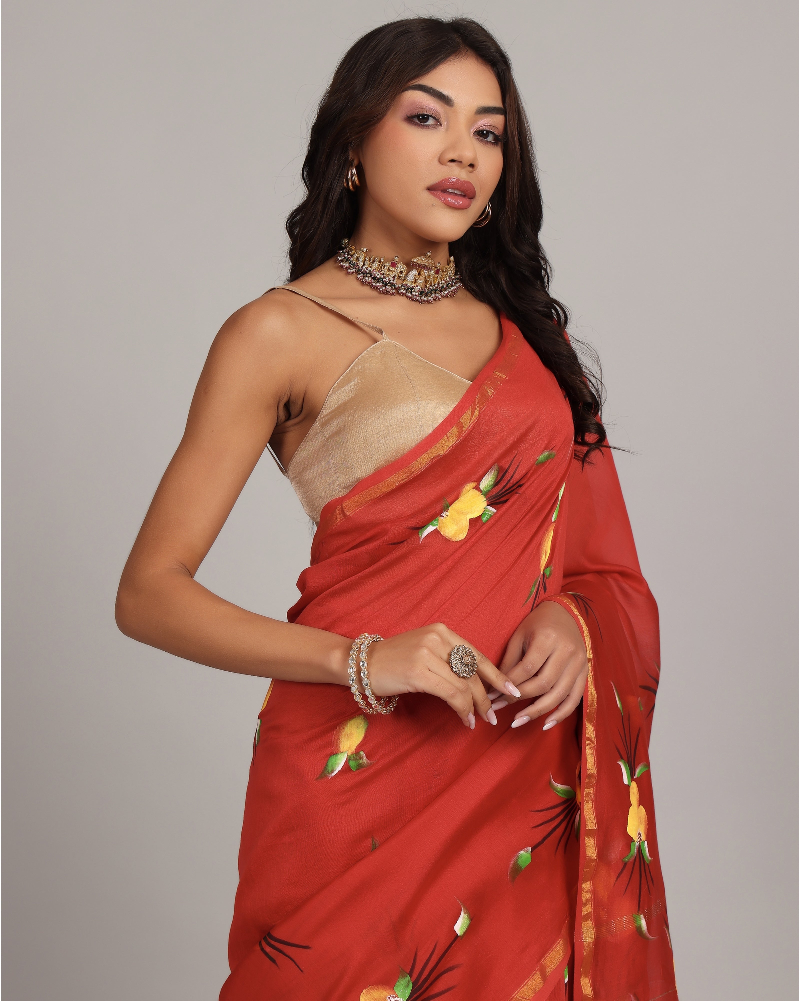 Crimson Red Floral Chanderi Saree