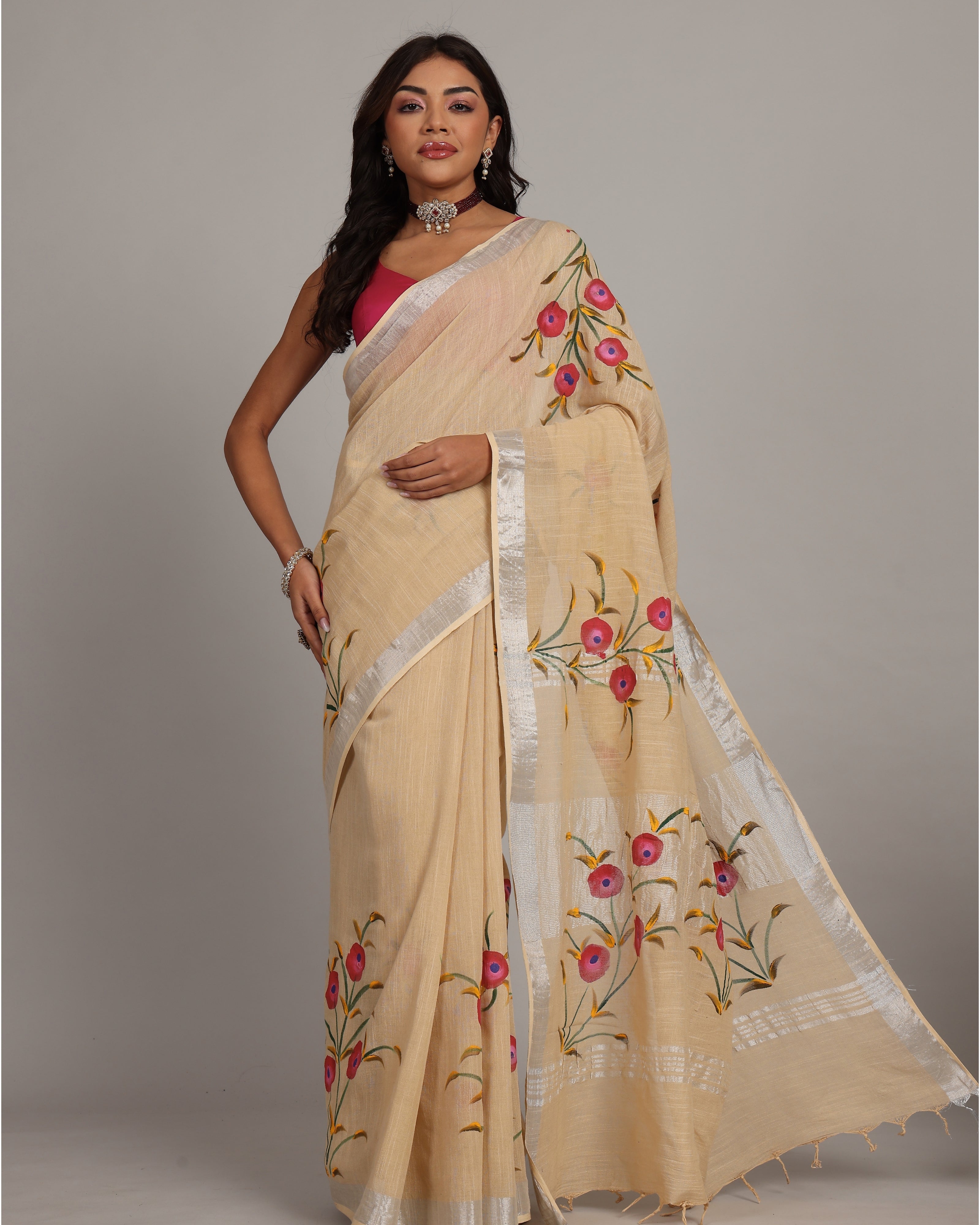 Boutique Beige Cotton Linen Saree