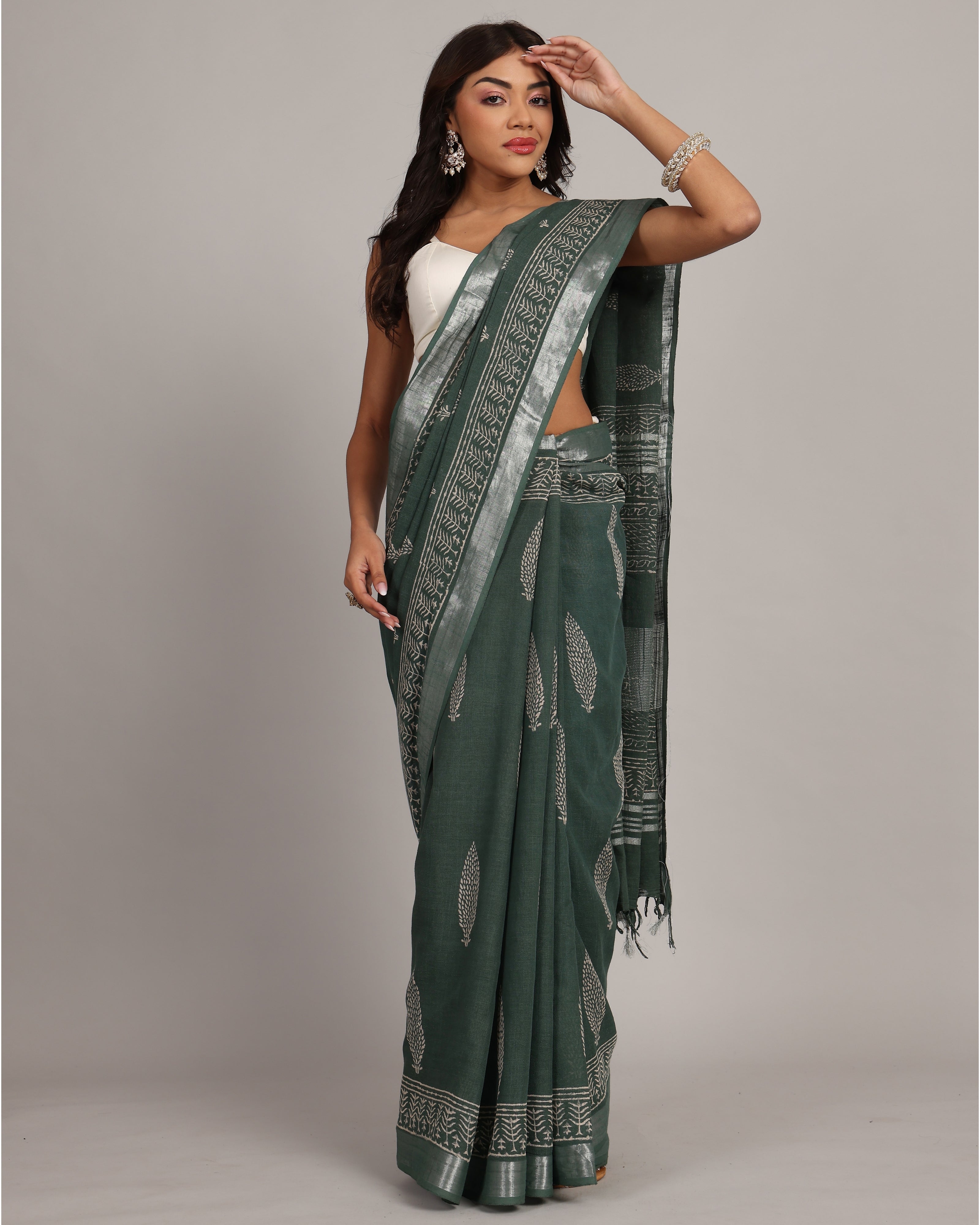 Forest Green Cotton Linen Saree