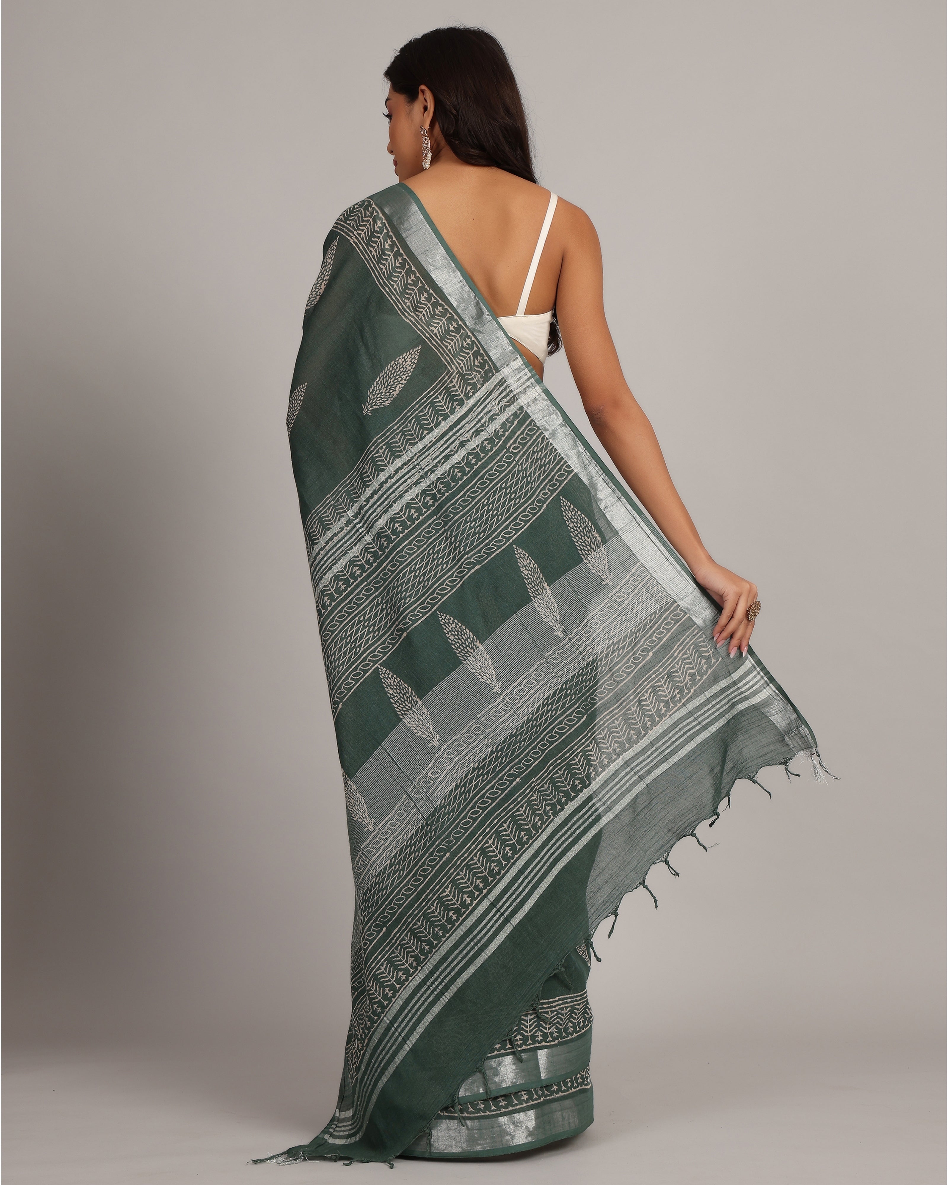 Forest Green Cotton Linen Saree