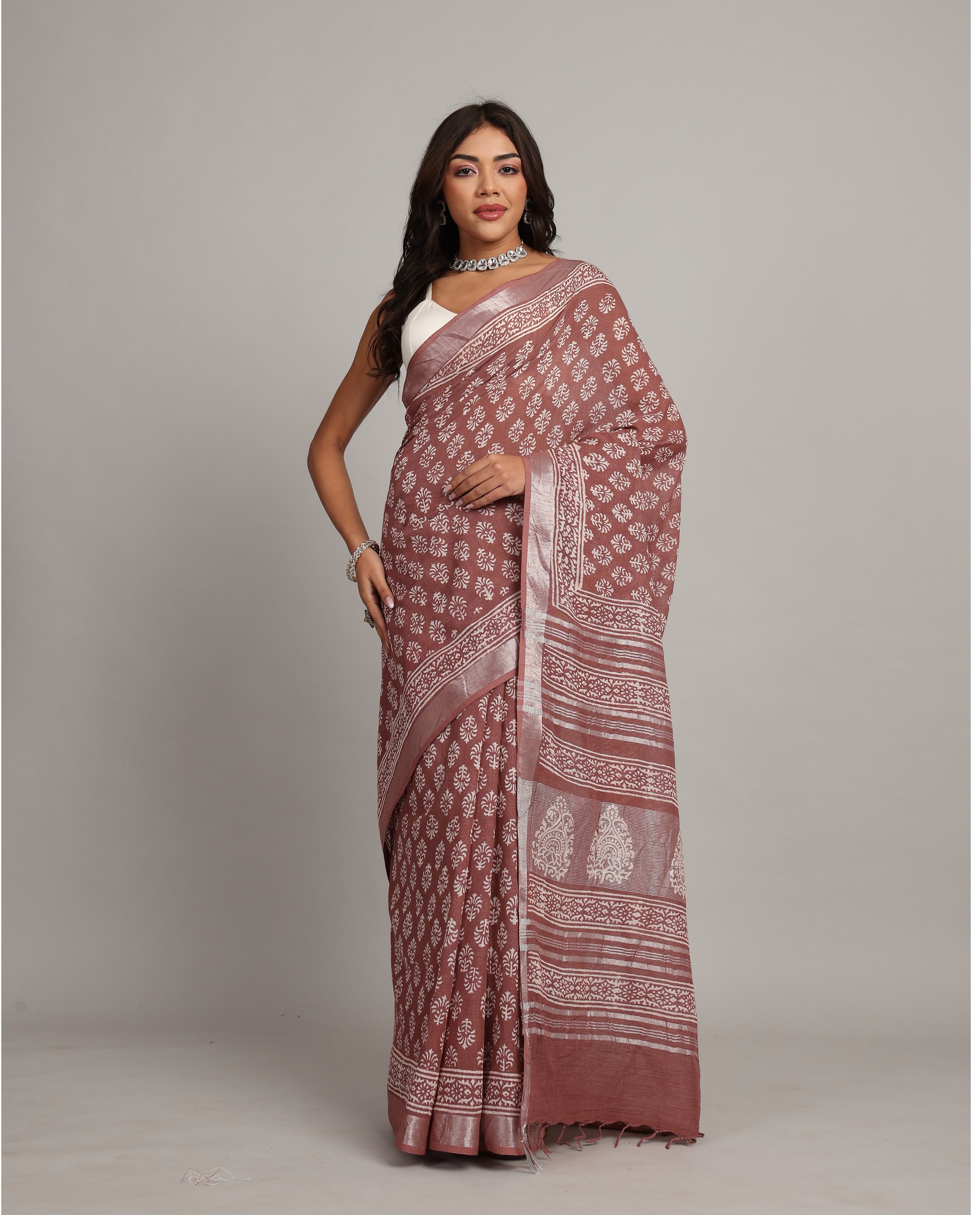 Soft Merlot Pink Cotton Linen Saree