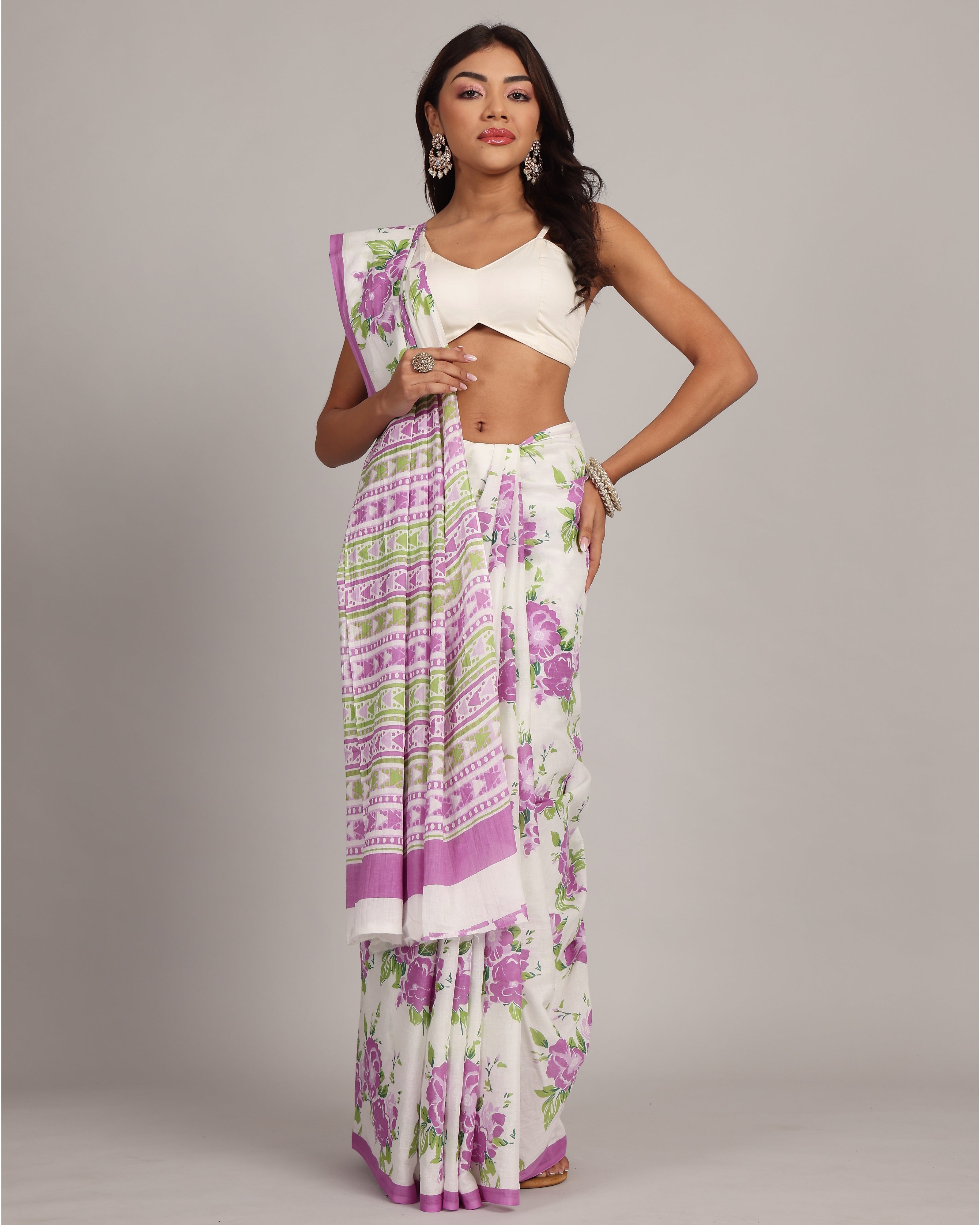 White Floral Cotton Mulmul Saree