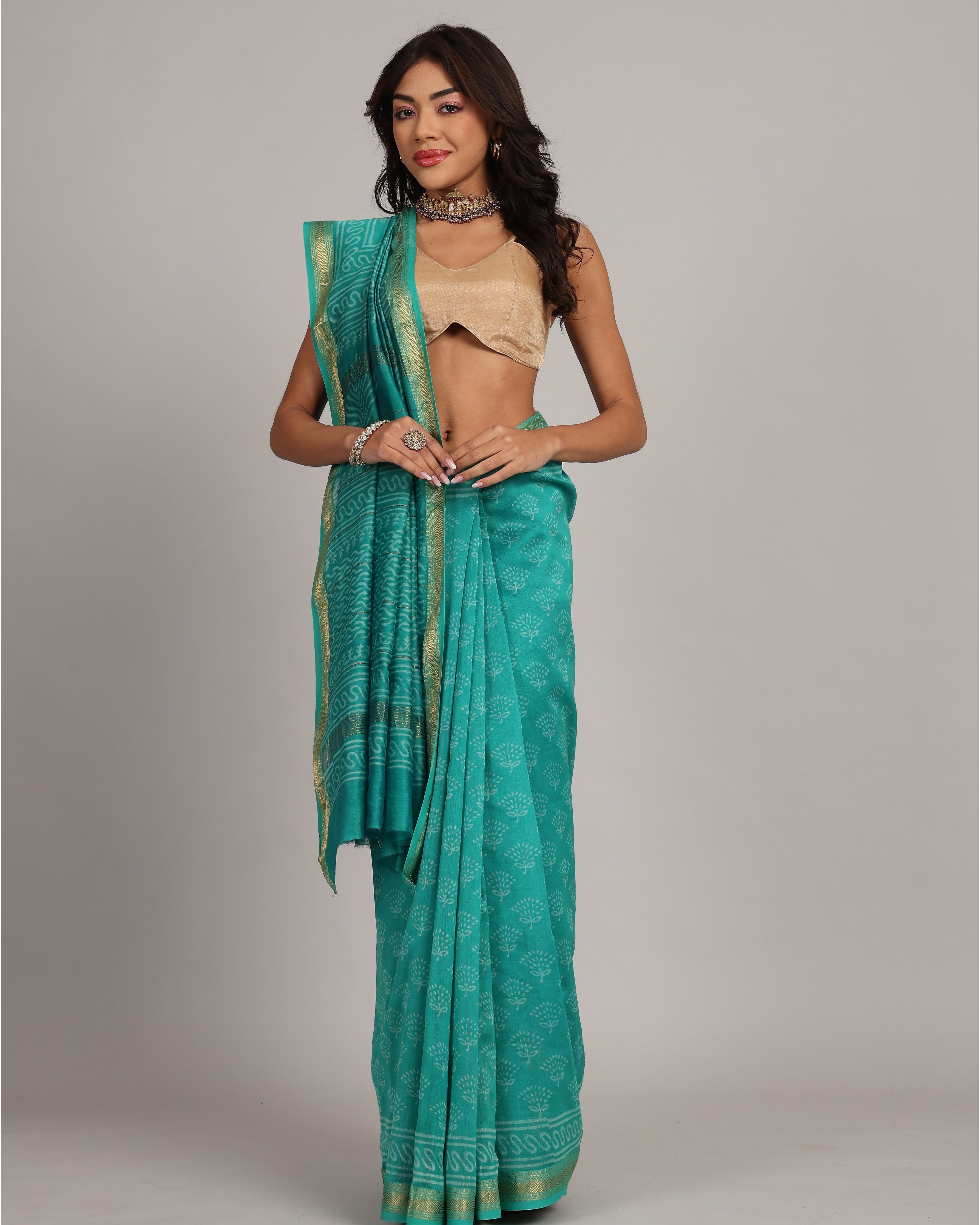 Twilight Teal Floral Maheshwari Saree