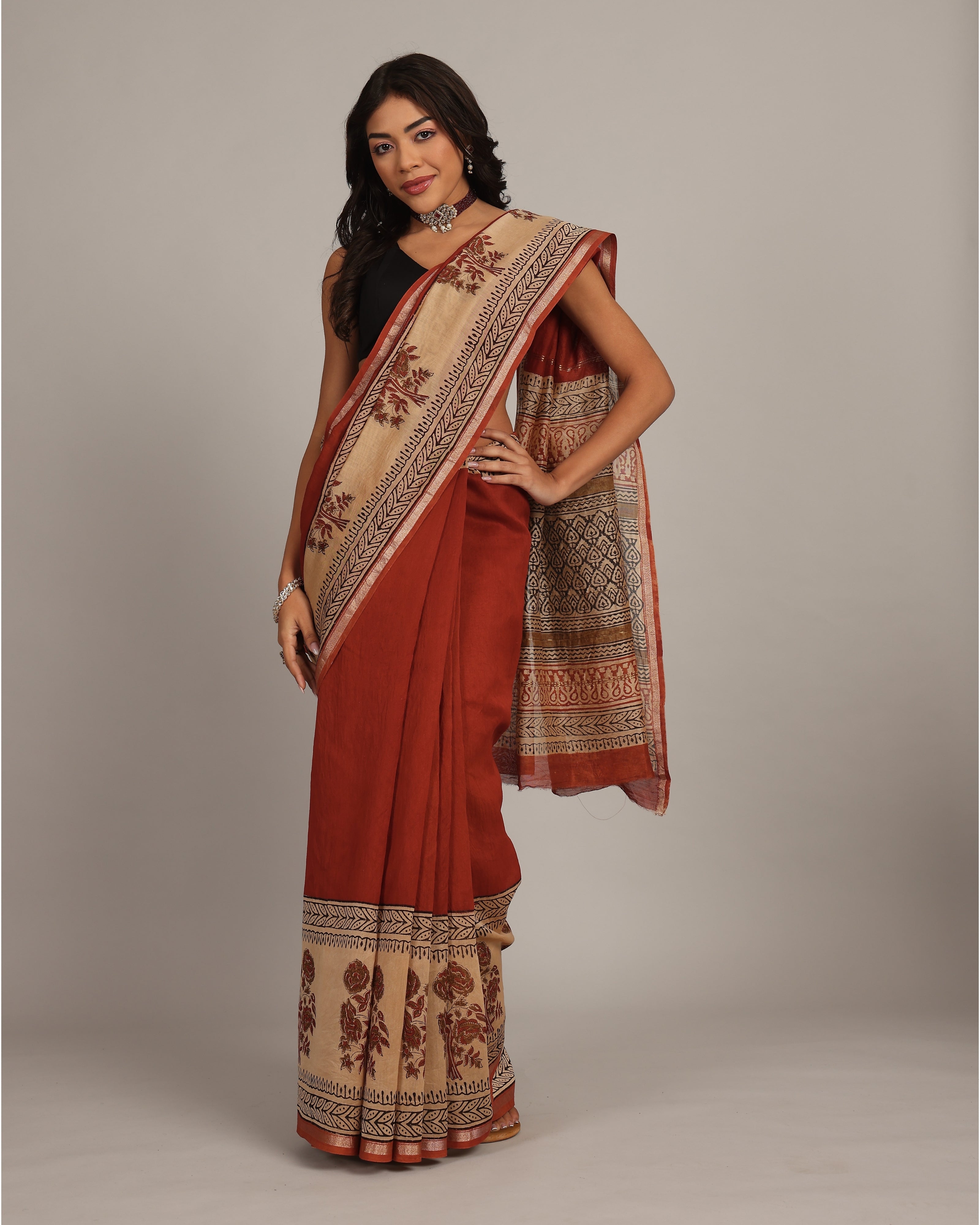 Cherry Red Floral Chanderi Saree