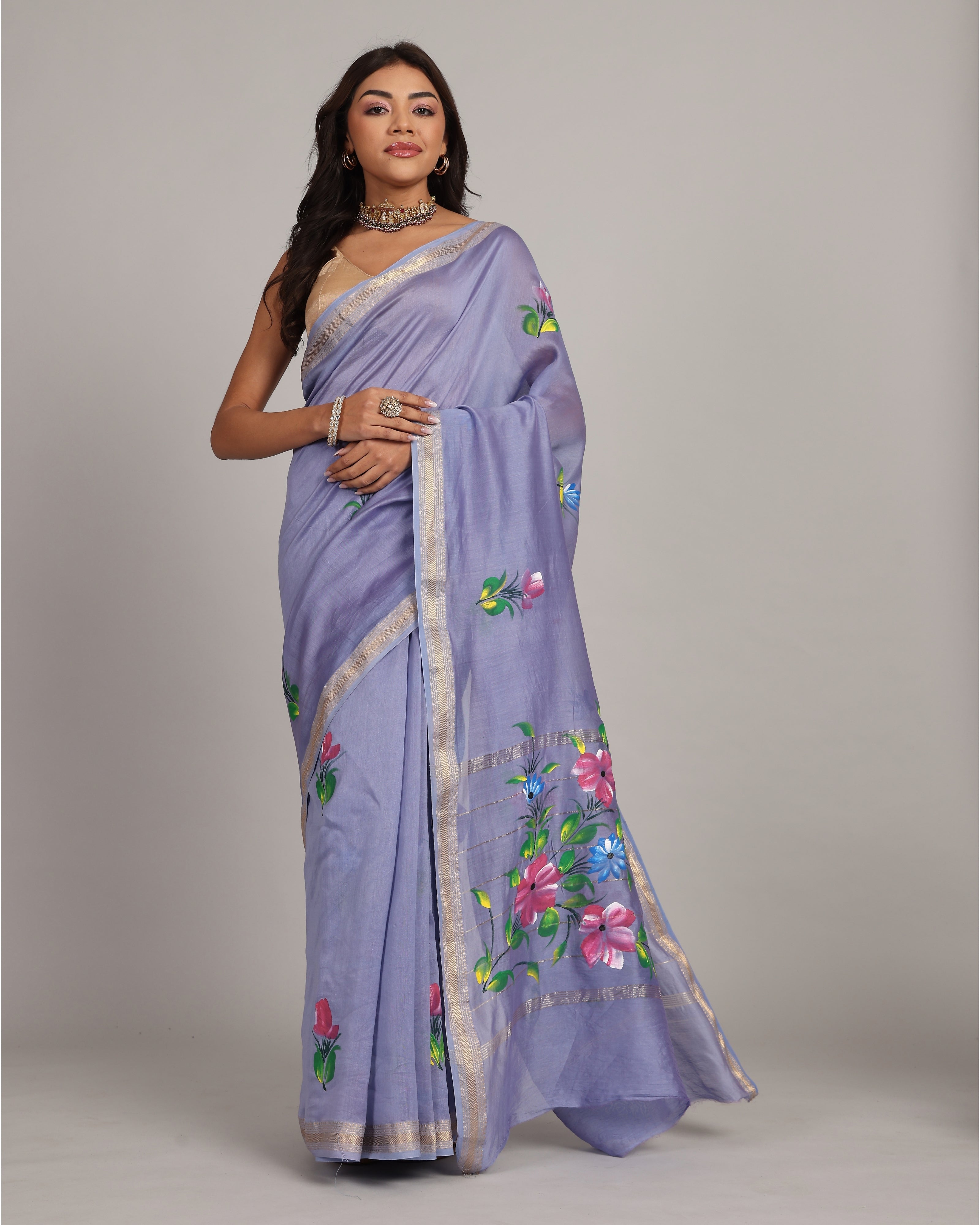 Lavender Floral Maheshwari Saree