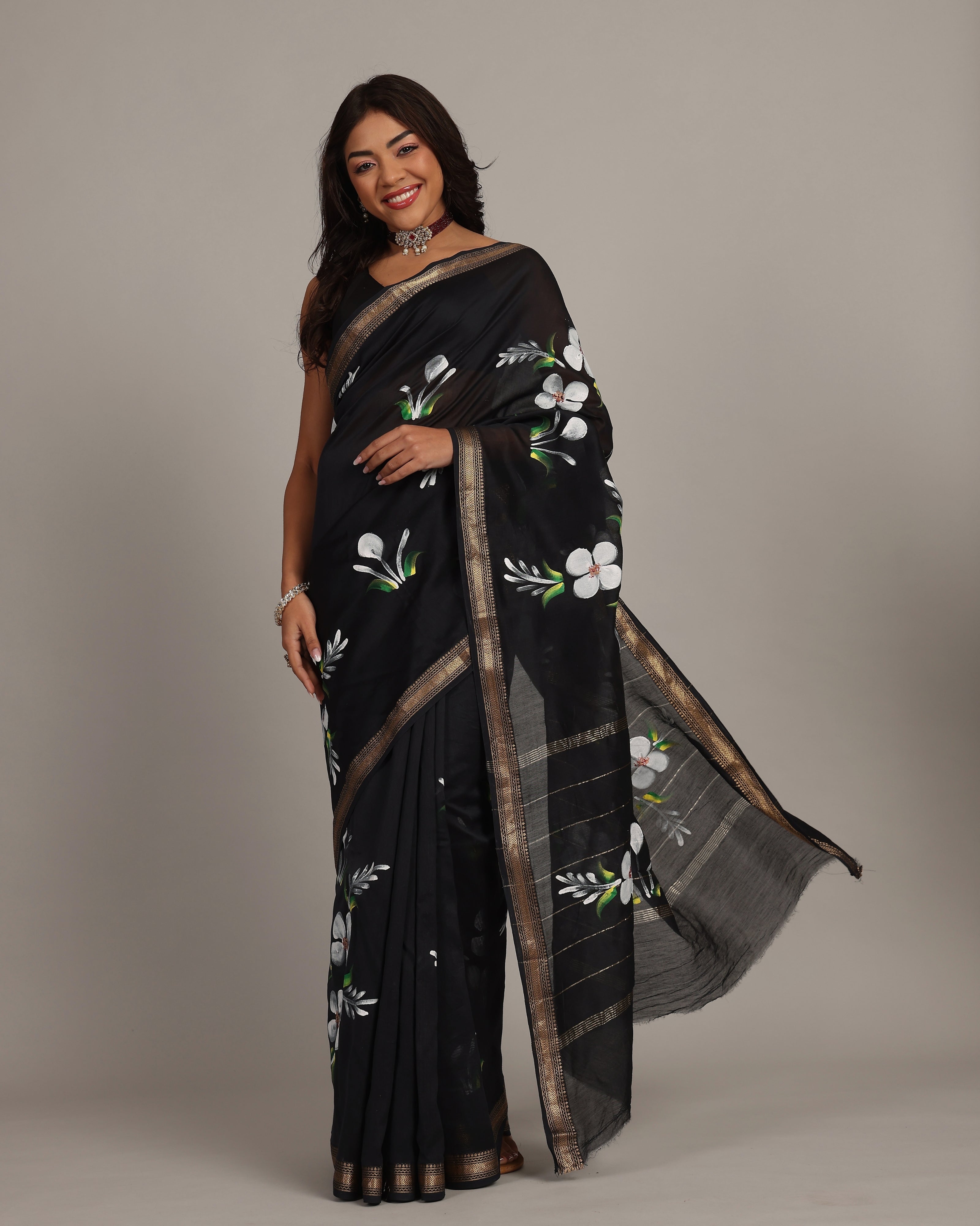 Black Floral Maheshwari Saree
