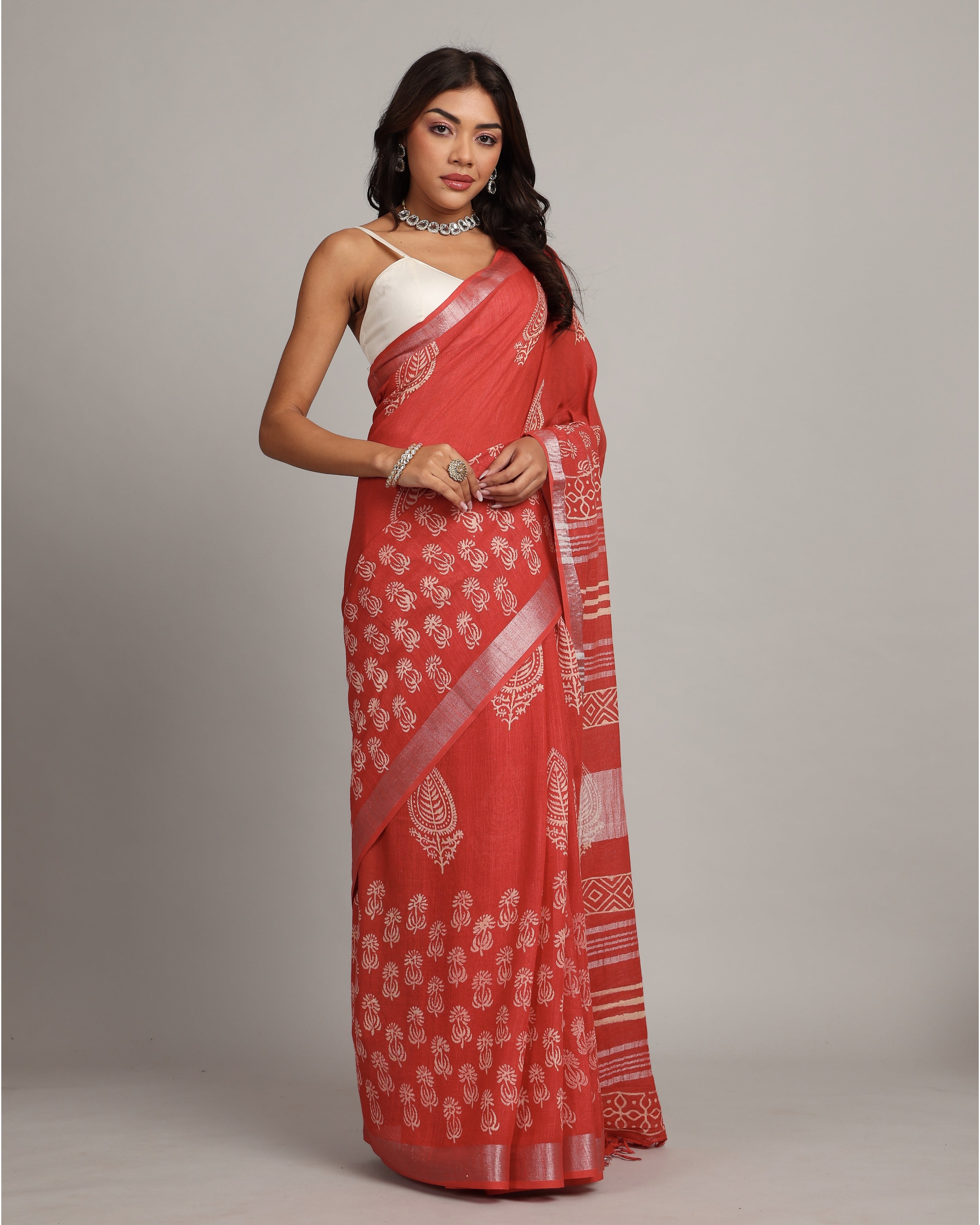 Ruby Red Cotton Linen Saree