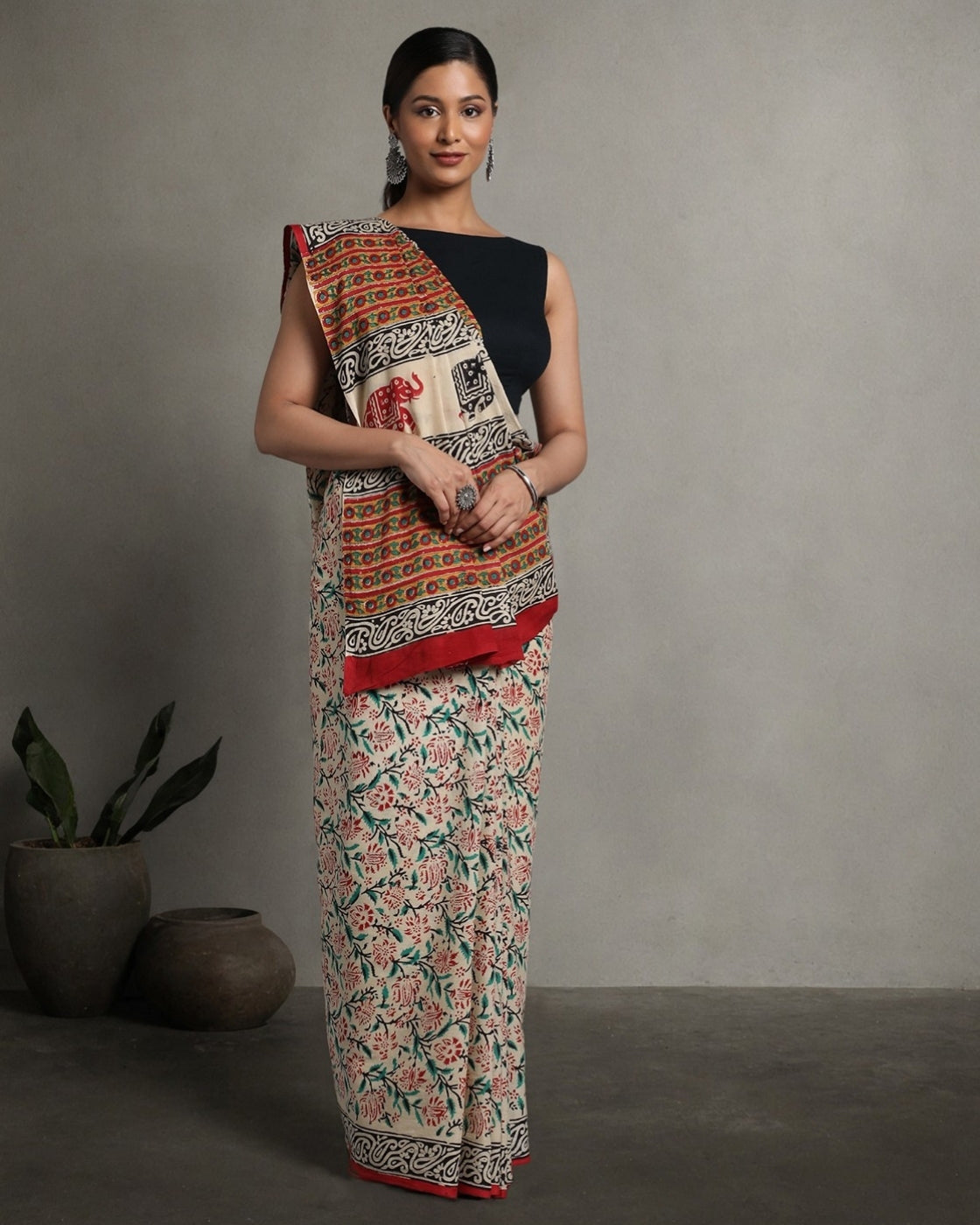 Beige Floral Cotton Mulmul Saree