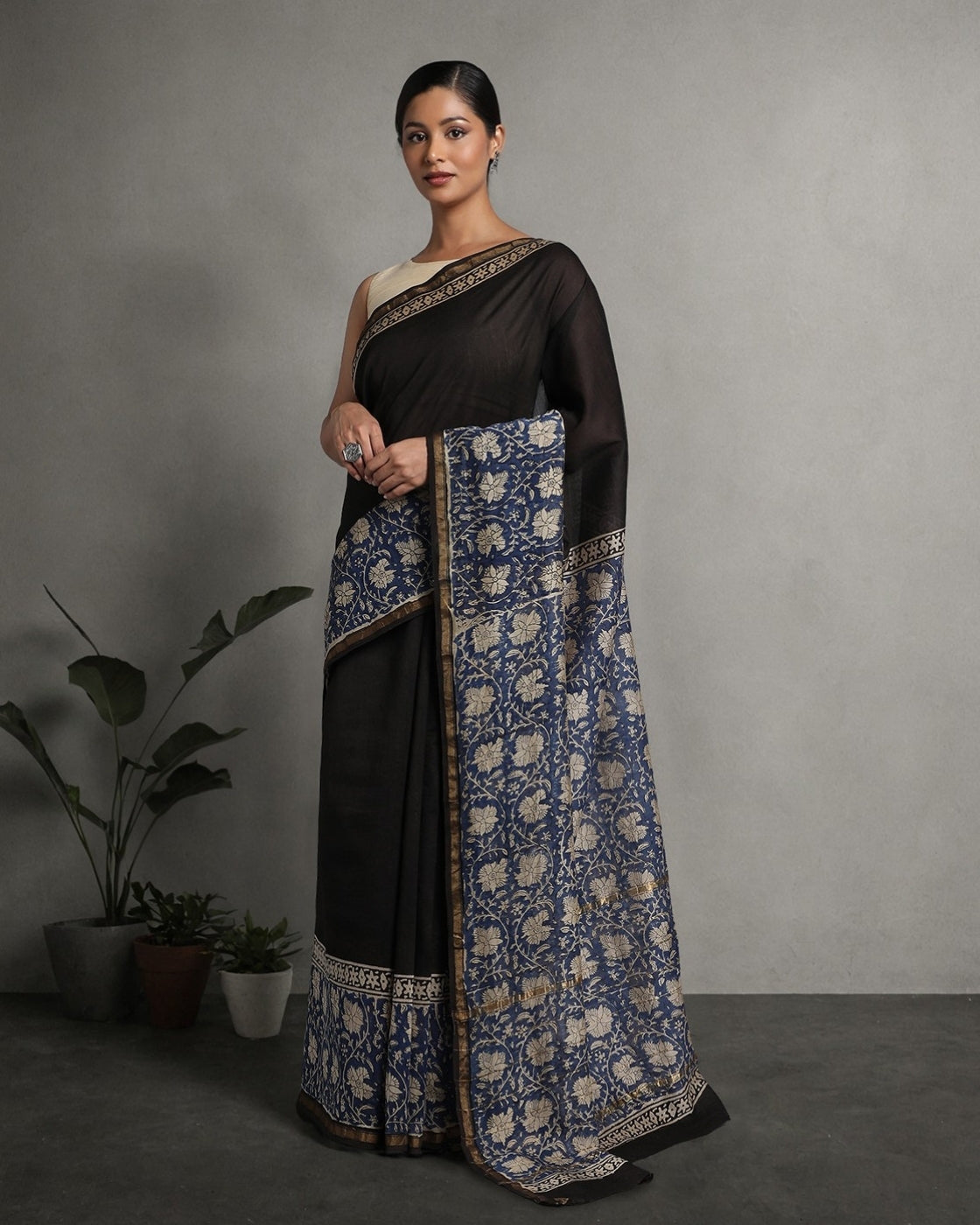 Blue & Black Floral Chanderi Saree
