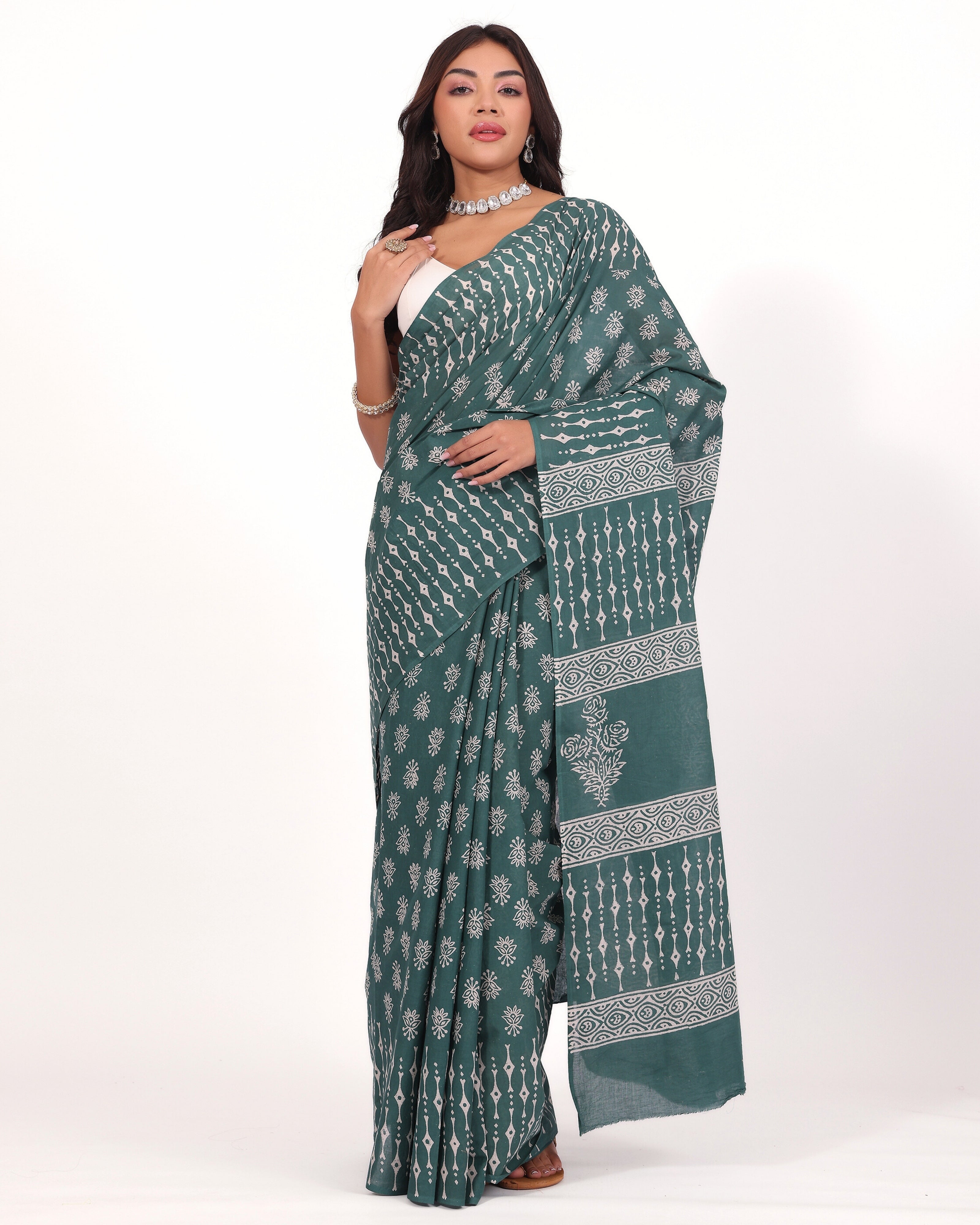 Teal Green Cotton Mulmul Saree