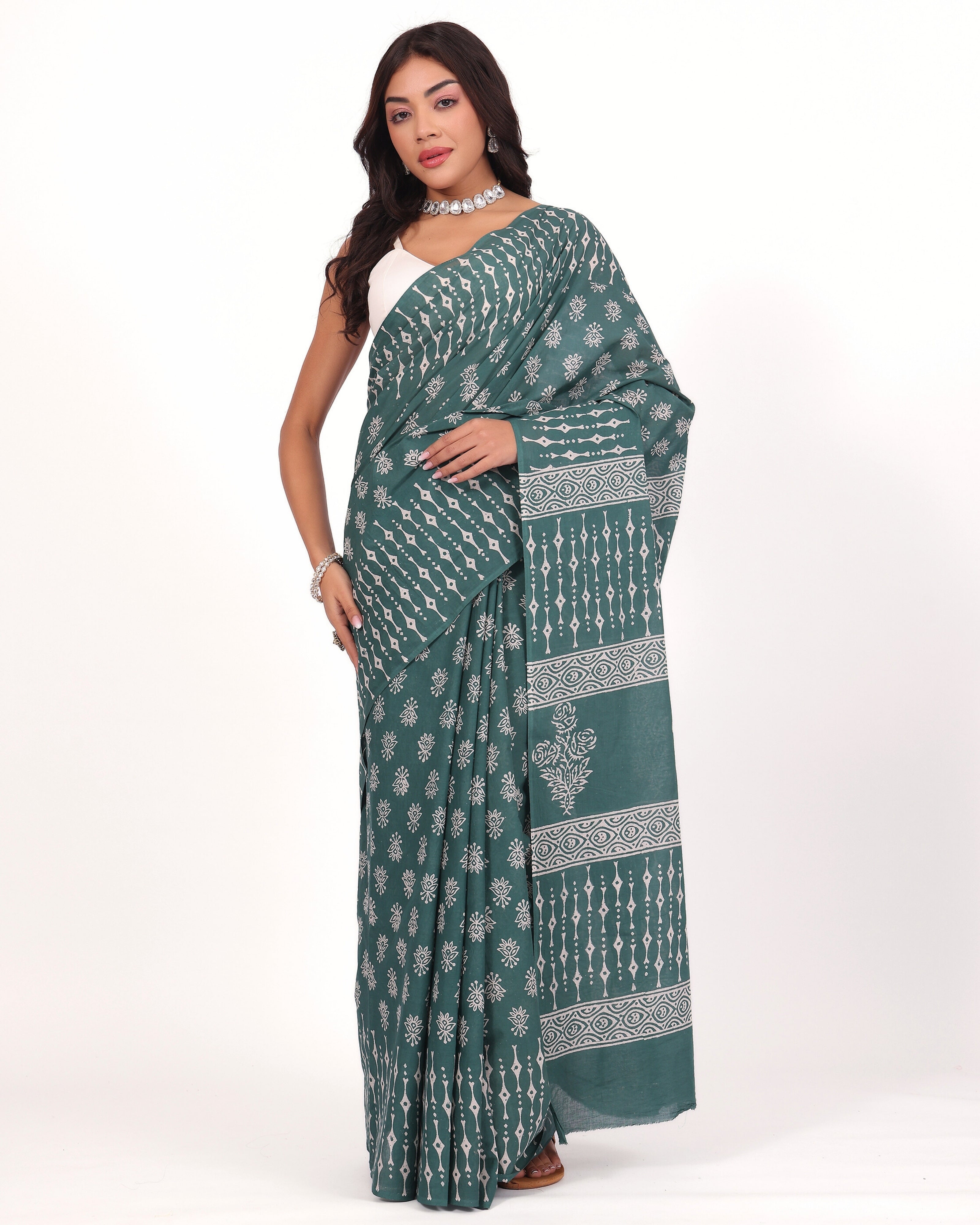 Teal Green Cotton Mulmul Saree