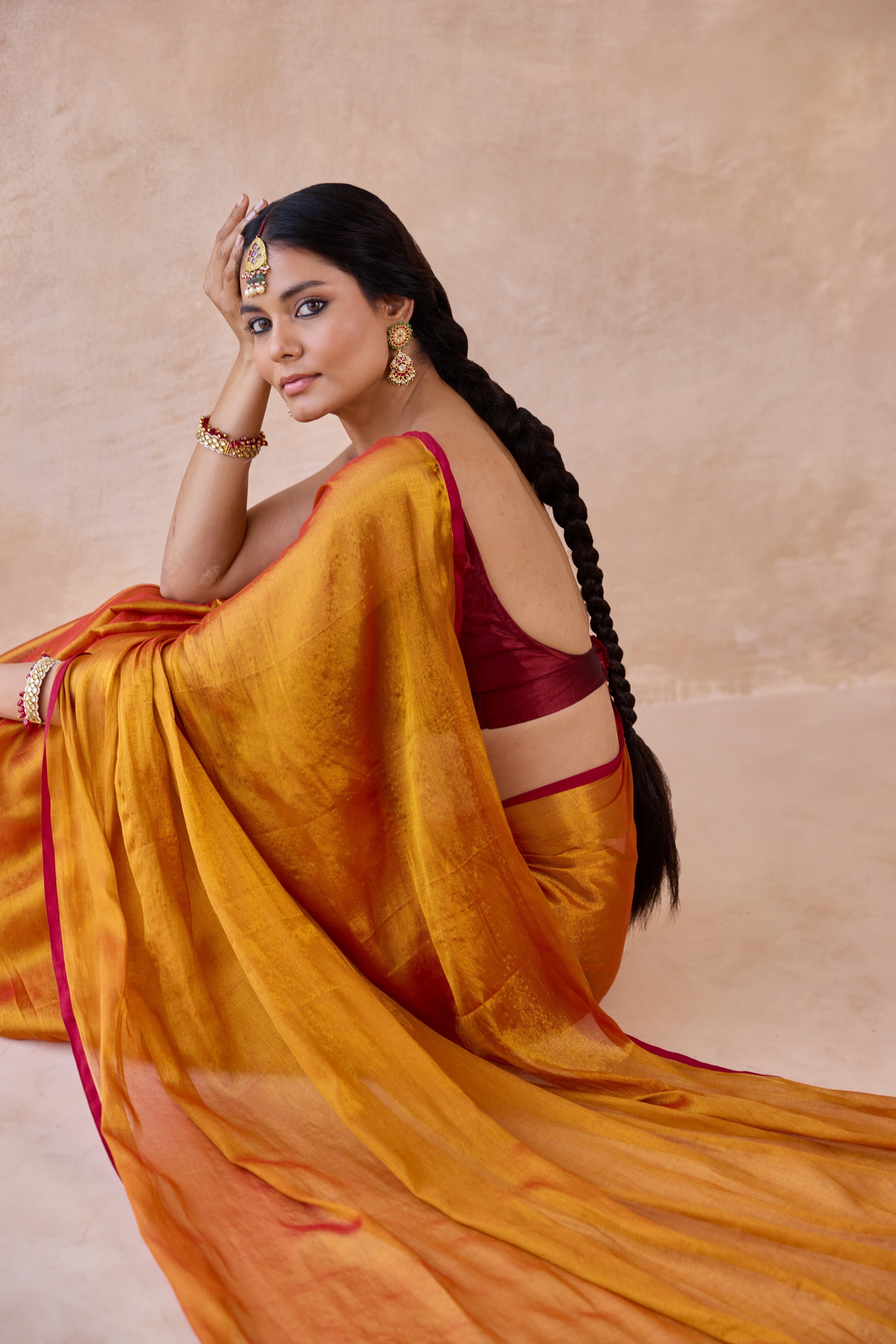 Sunehri Orange Tissue Handwoven Saree