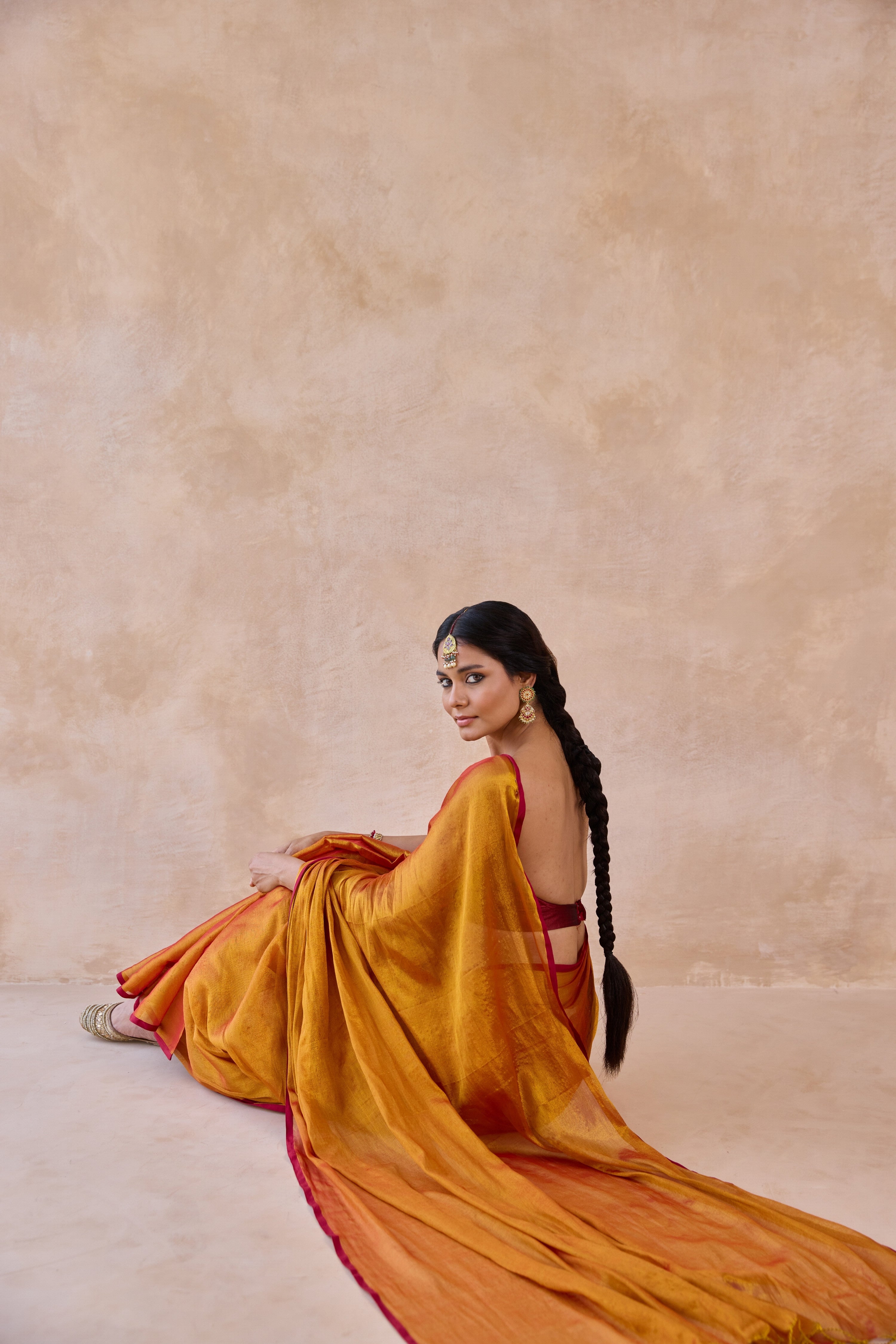 Sunehri Orange Tissue Handwoven Saree