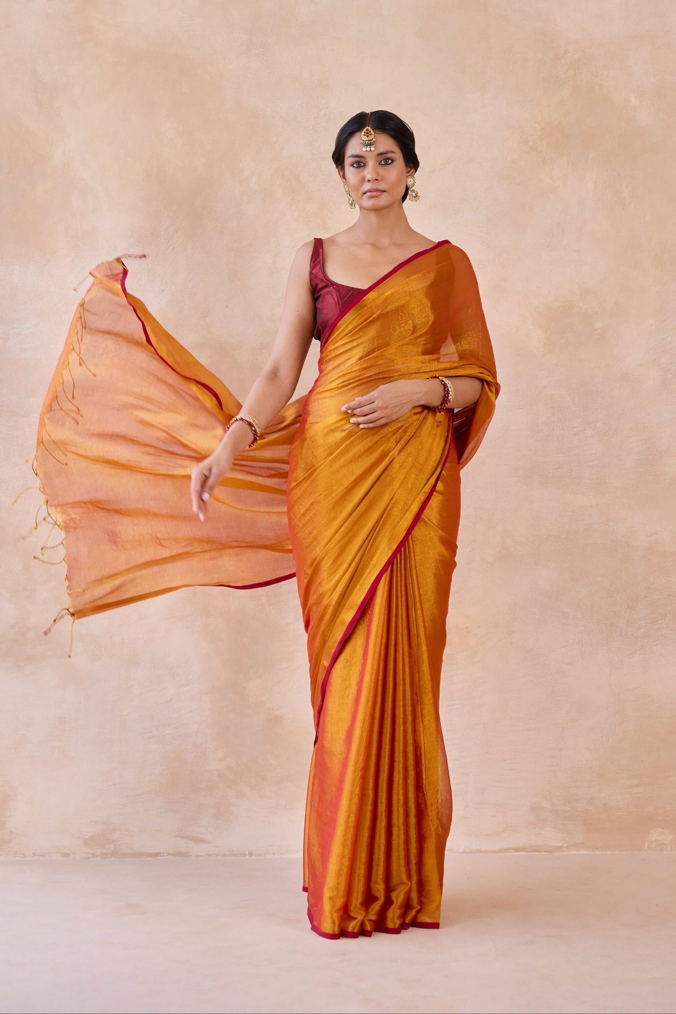 Sunehri Orange Tissue Handwoven Saree
