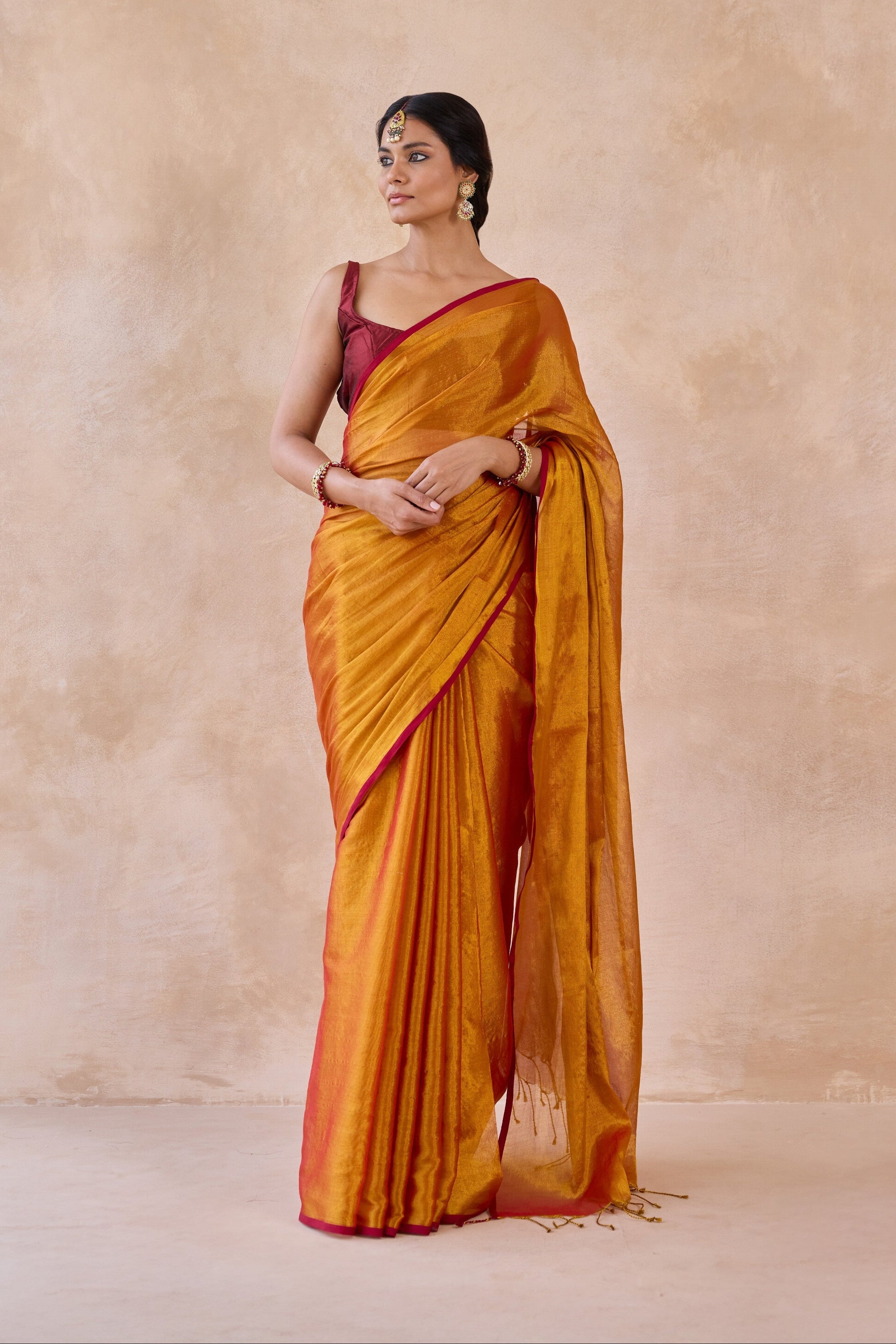 Sunehri Orange Tissue Handwoven Saree