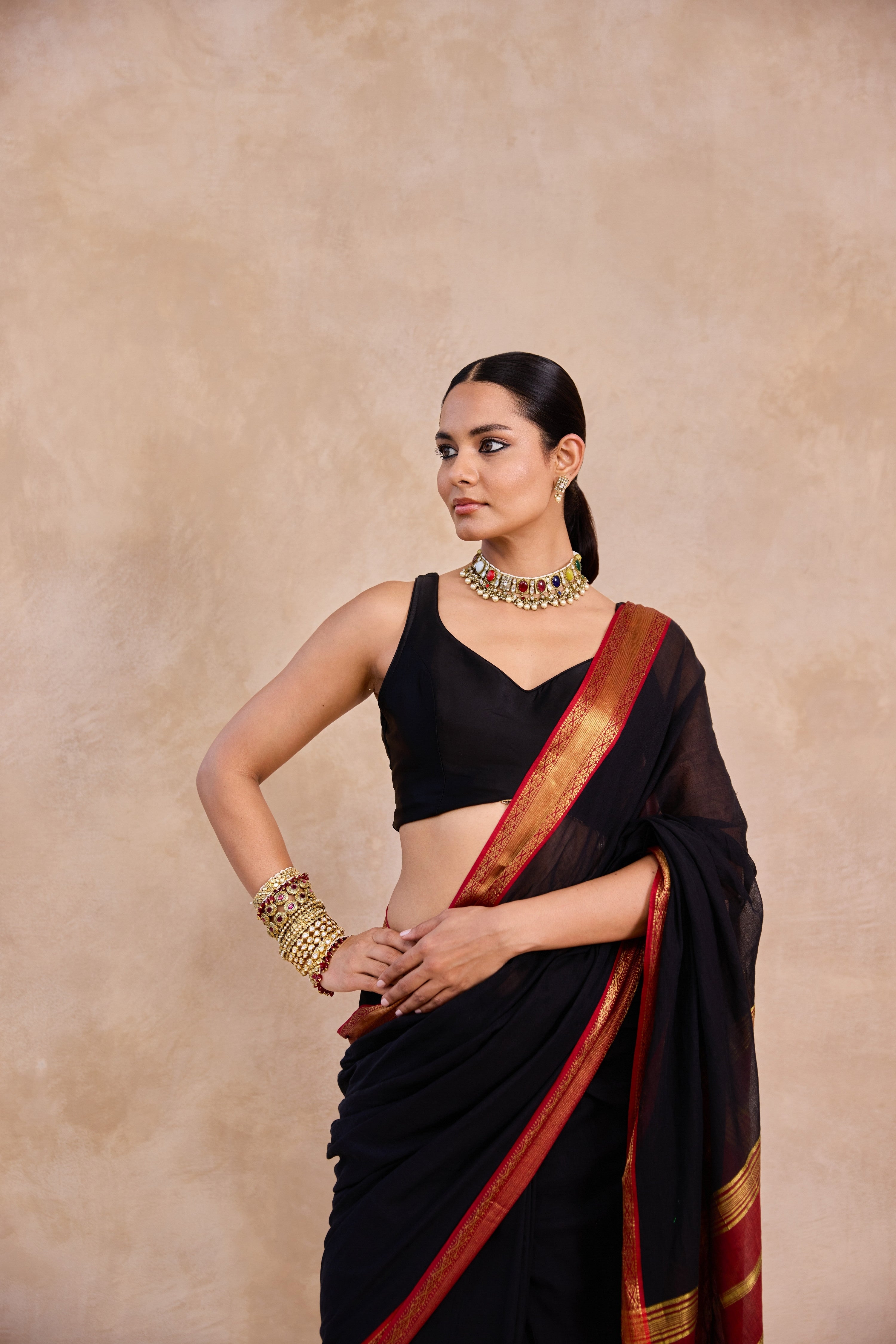 Black and Mitti Red Cotton Handwoven Saree
