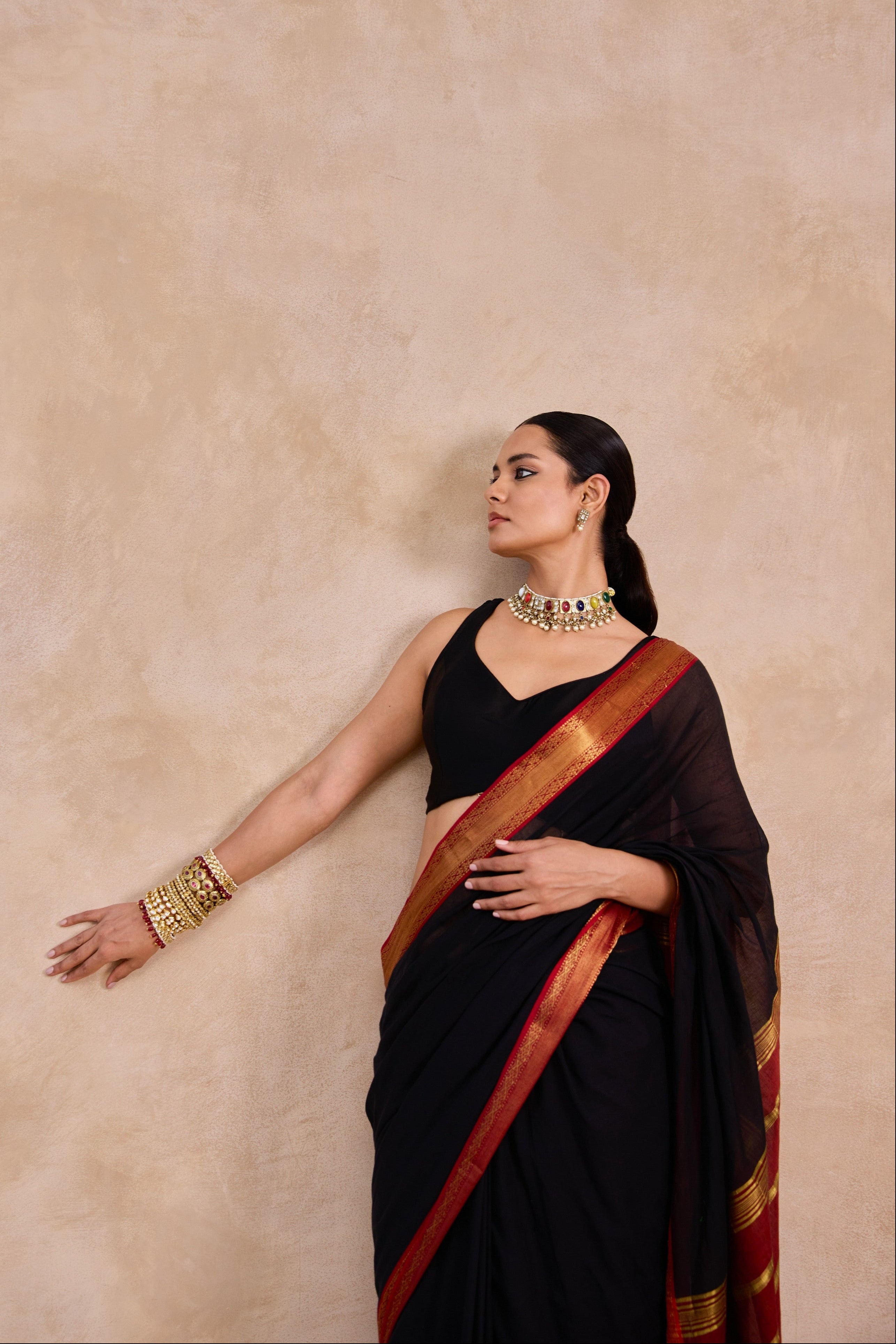 Black and Mitti Red Cotton Handwoven Saree