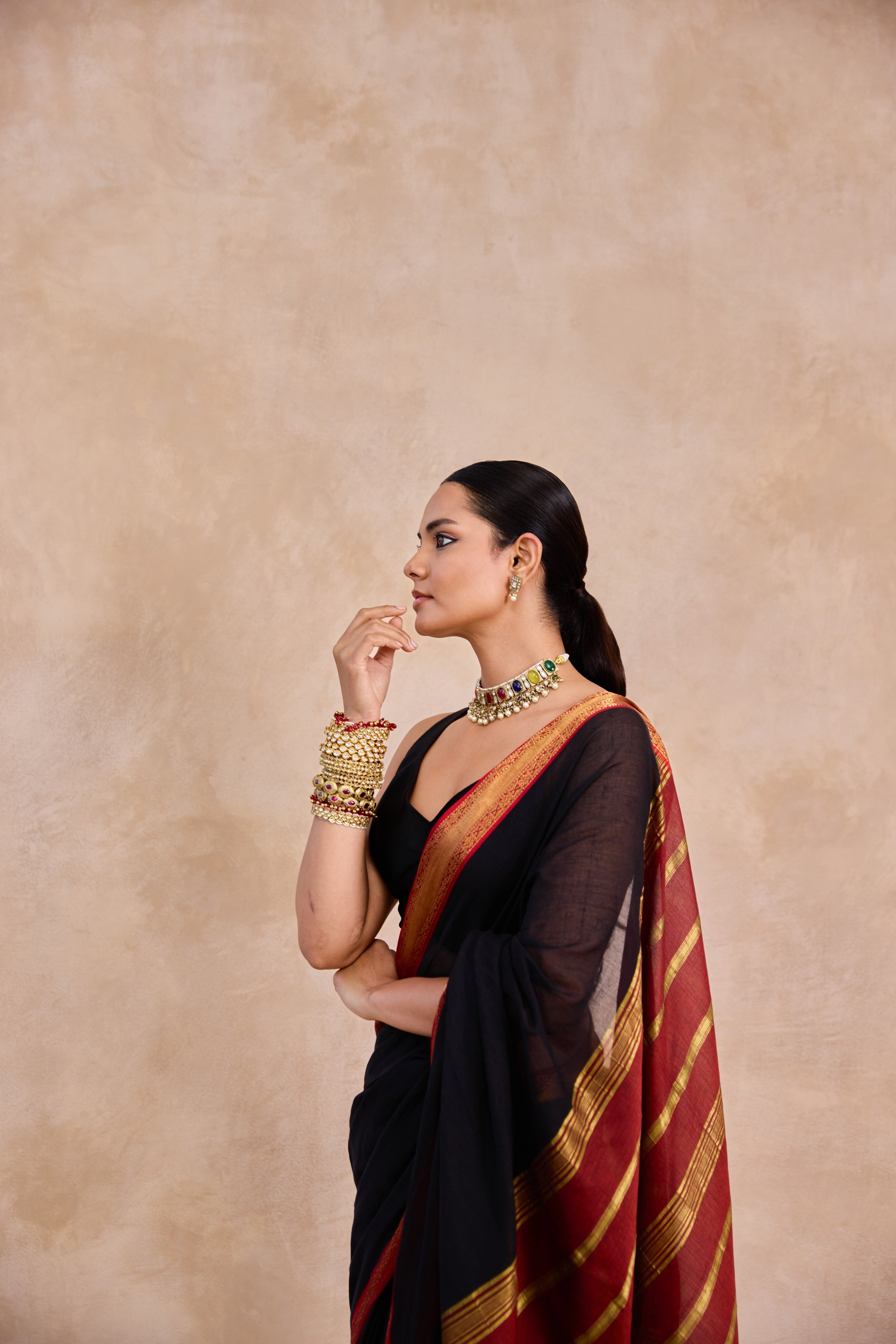 Black and Mitti Red Cotton Handwoven Saree