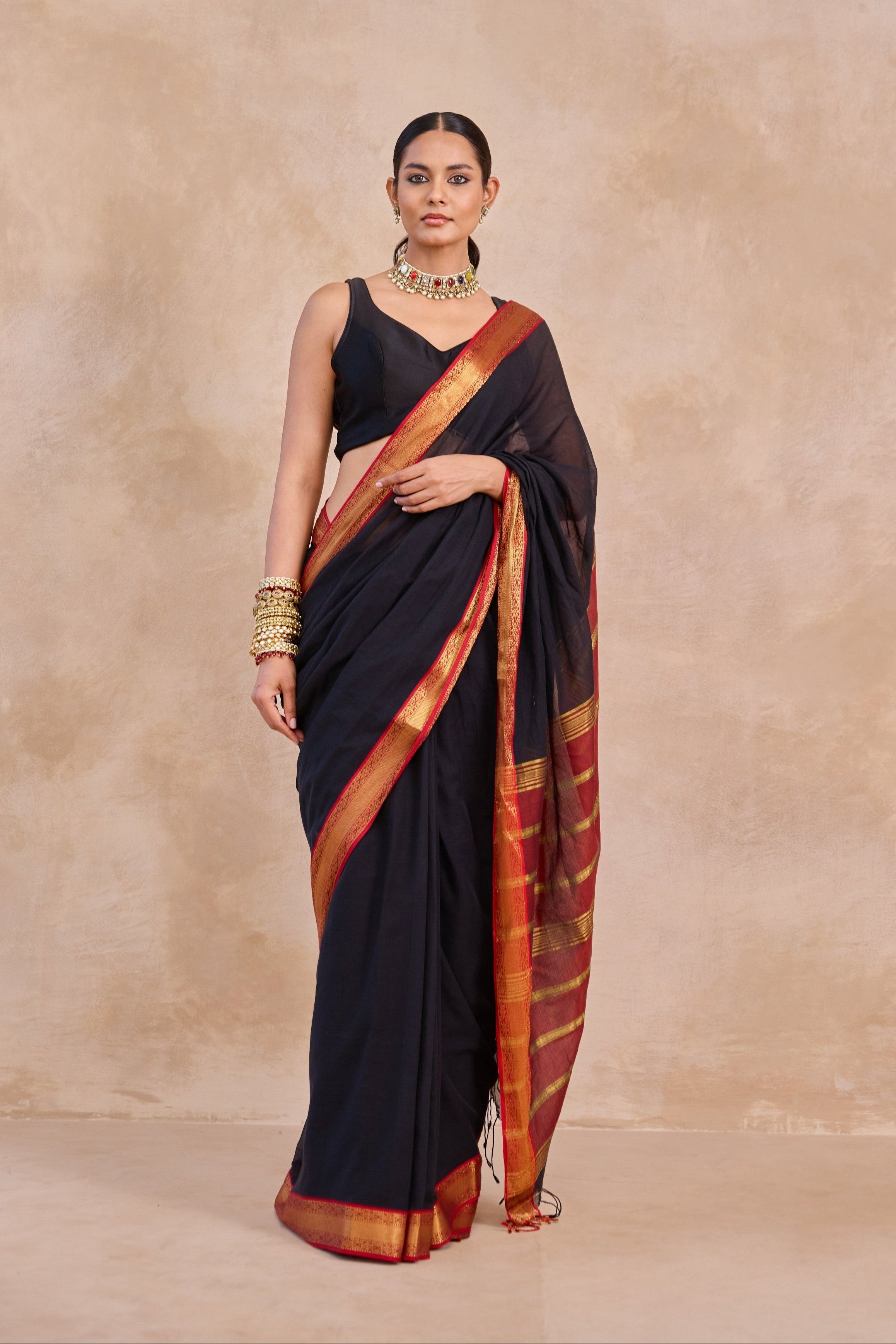 Black and Mitti Red Cotton Handwoven Saree