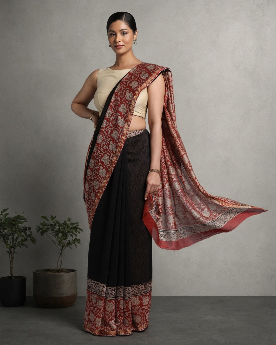Red & Black Floral Chanderi Saree