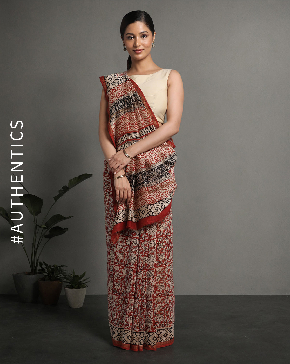 Cherry Red Floral Chanderi Saree