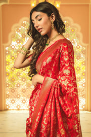 Deep Red Banarasi Handloom Silk Saree