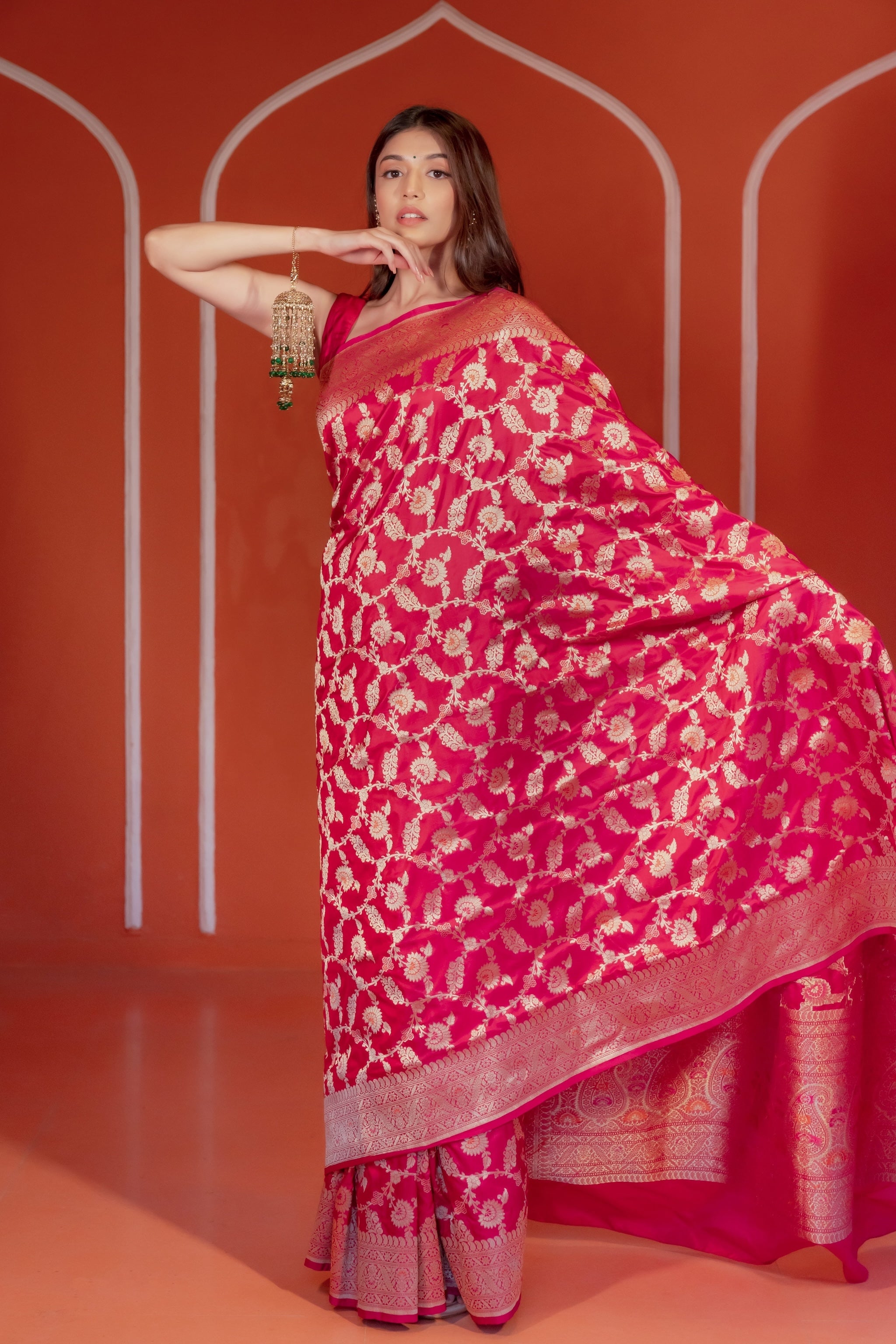 Pink Floral Banarasi Handloom Silk Saree