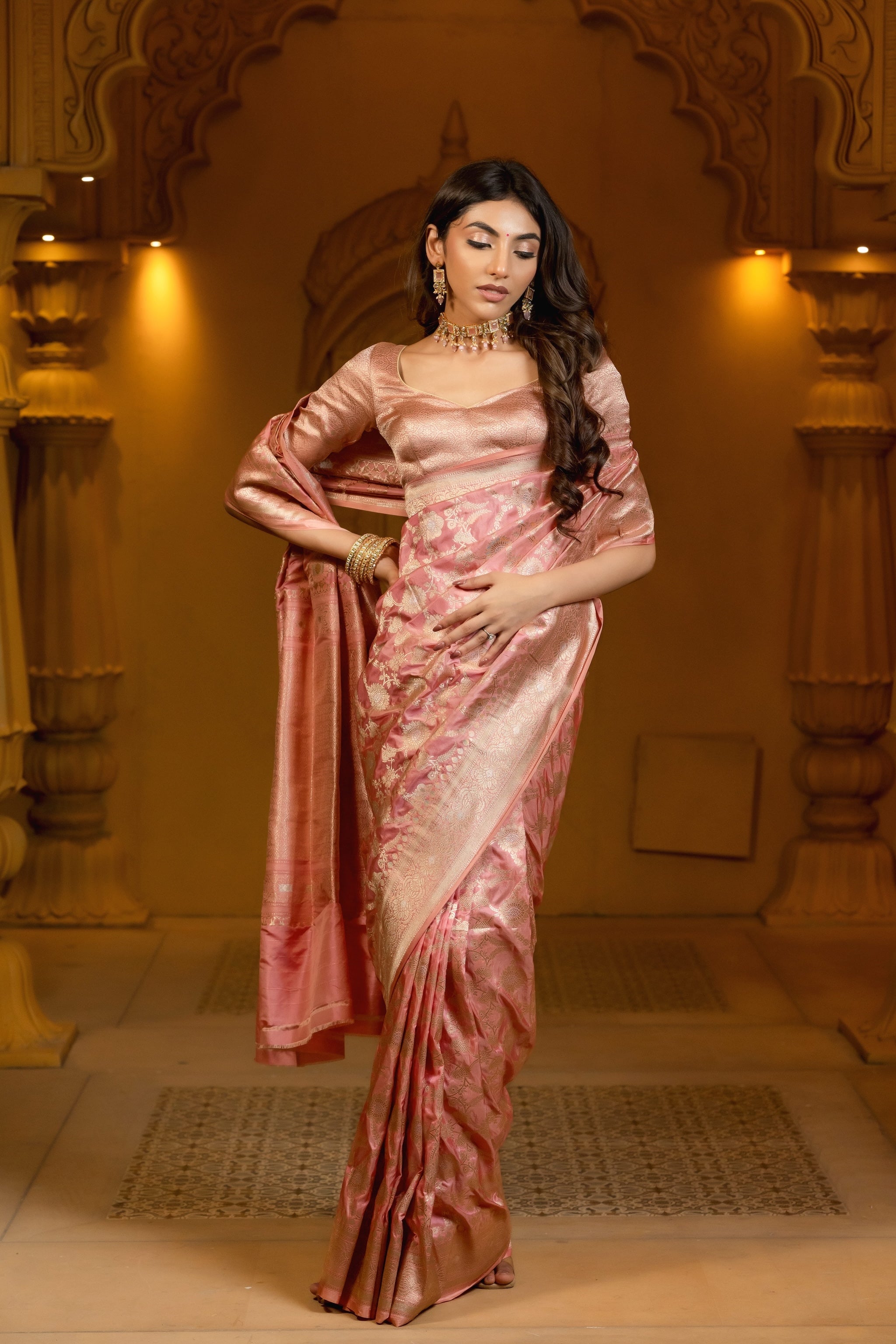 Peach Pink Banarasi Handloom Silk Saree