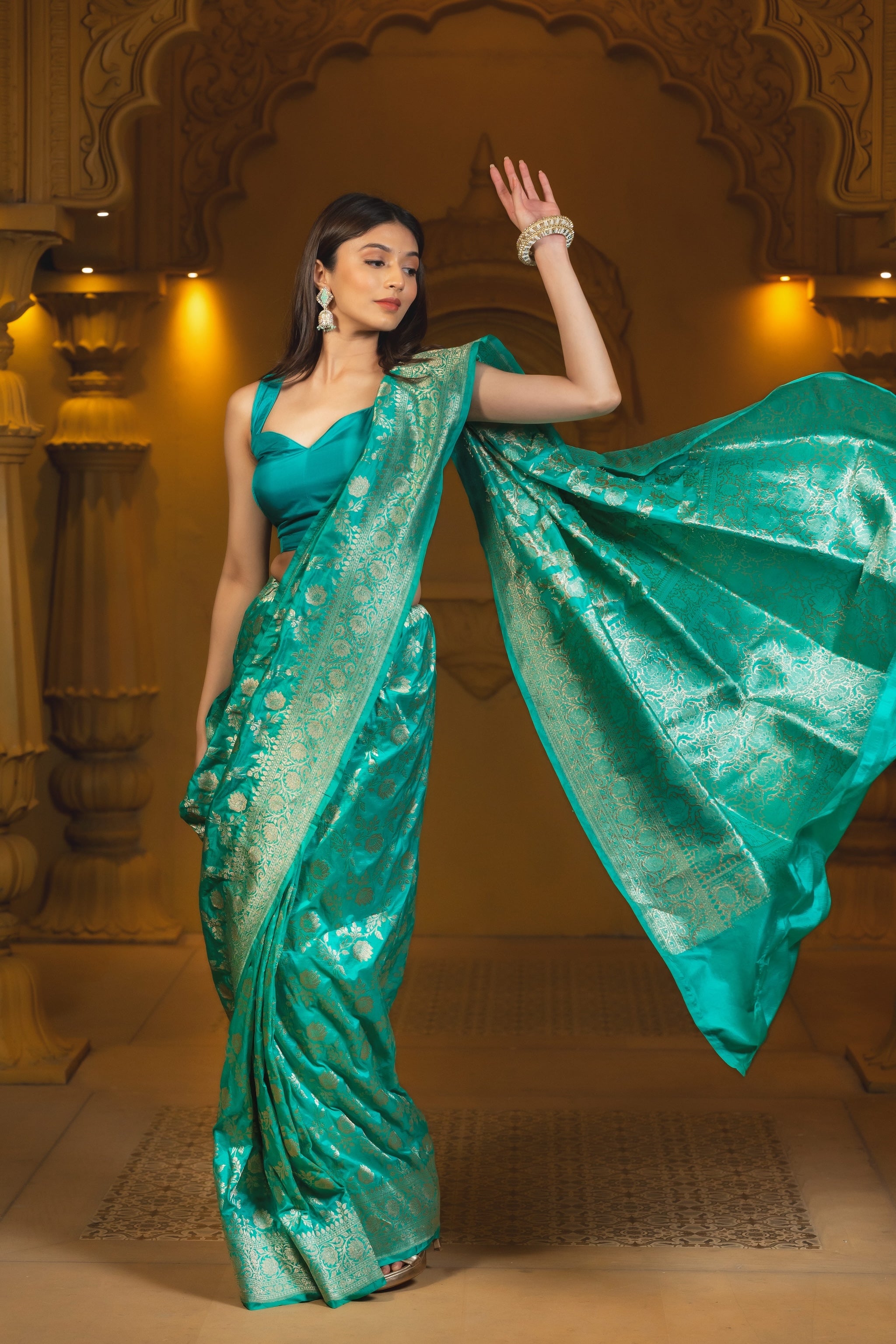 Firozi Banarasi Handloom Silk Saree