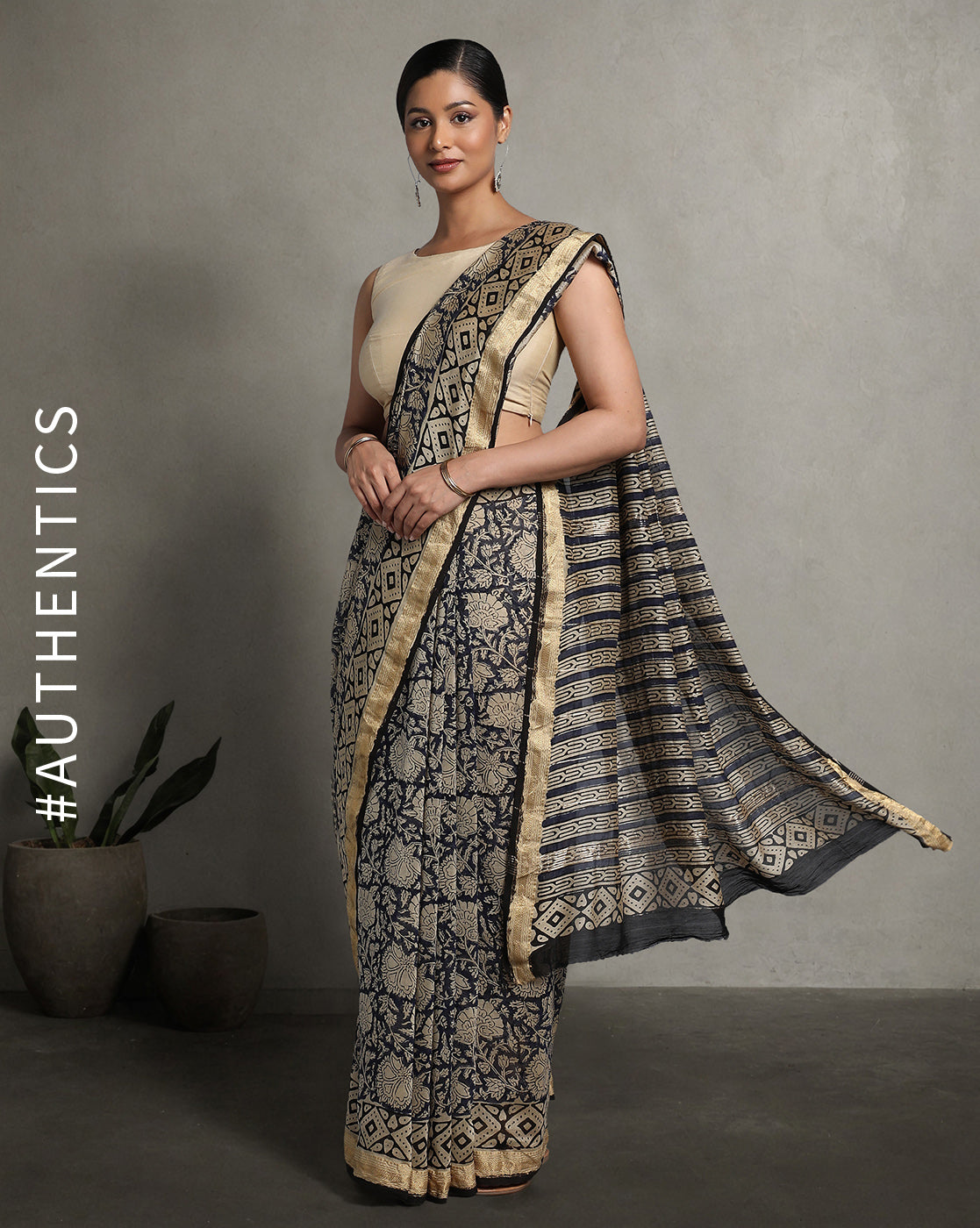Midnight Blue Floral Maheshwari Saree