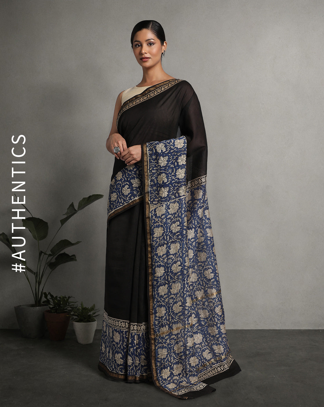 Blue & Black Floral Chanderi Saree