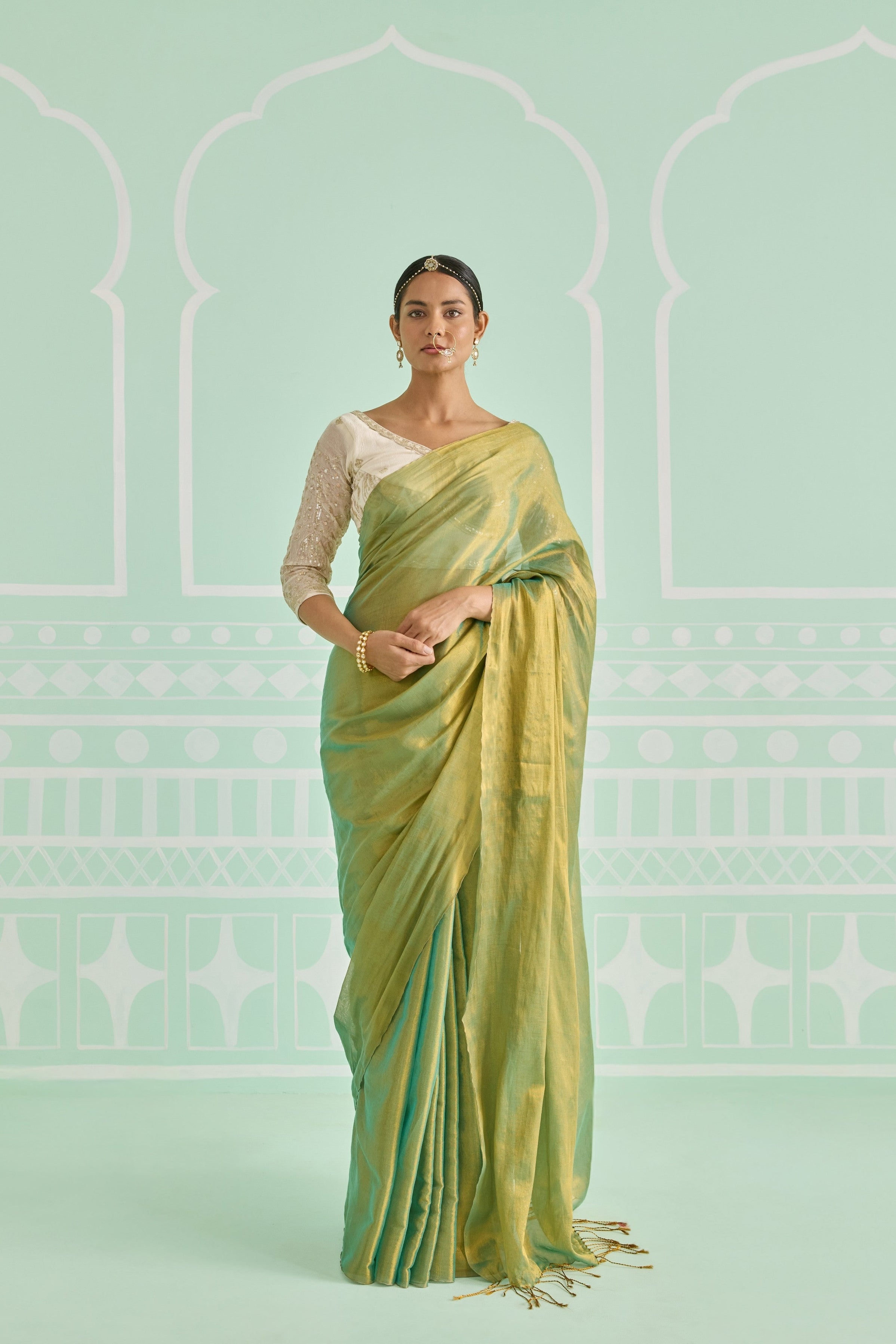 Pista Gold Tissue Handwoven Saree