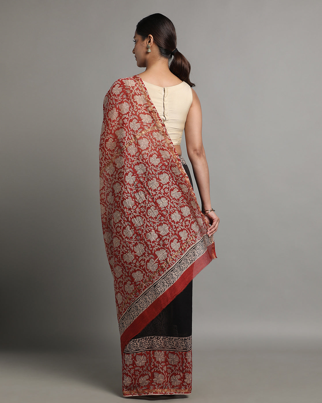 Red & Black Floral Chanderi Saree