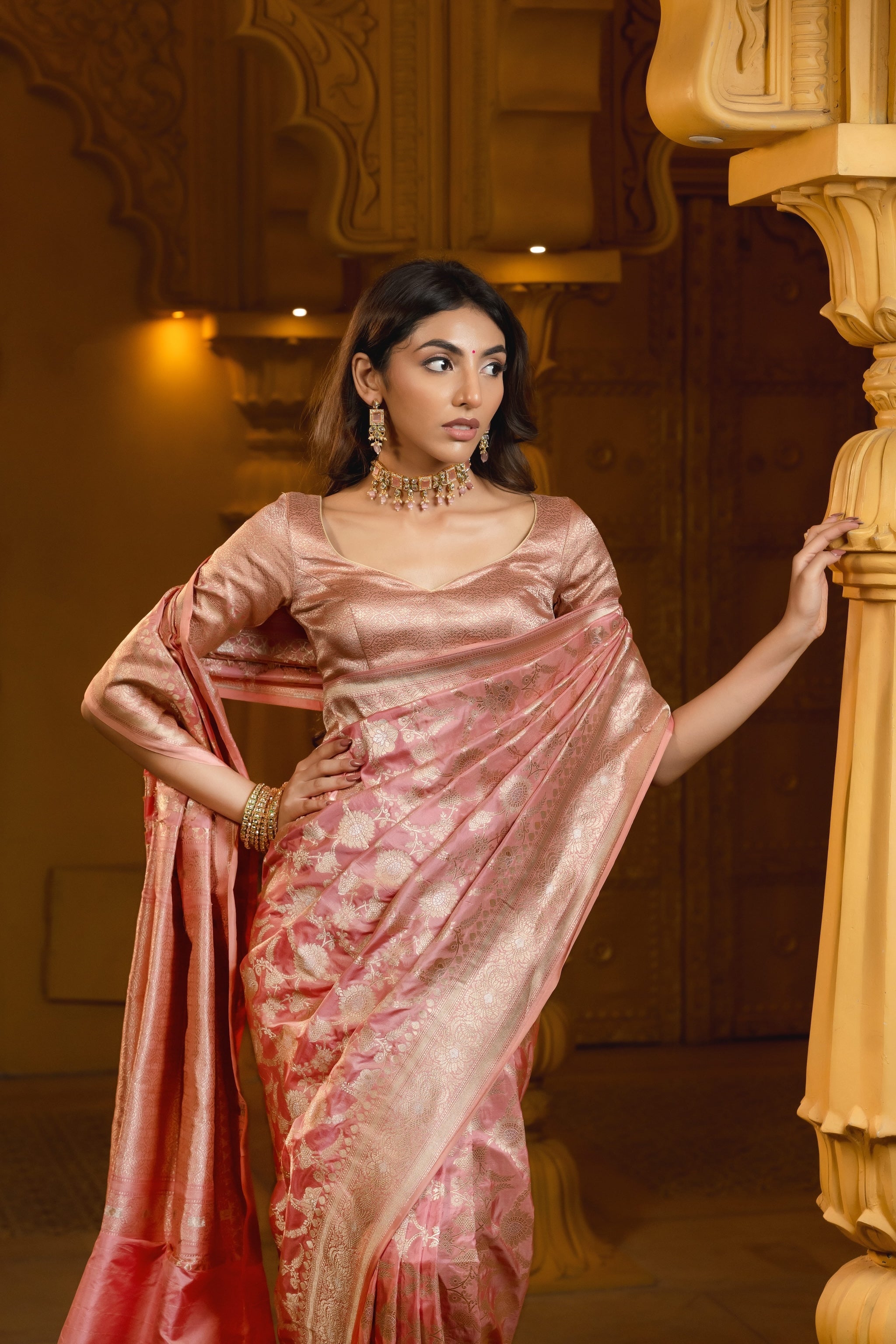 Peach Pink Banarasi Handloom Silk Saree