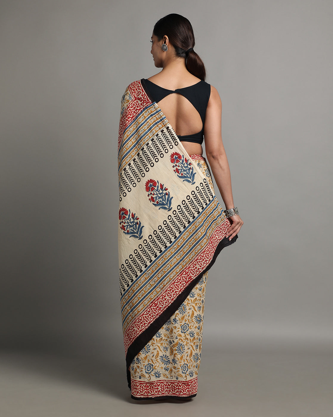 Beige & Blue Floral Cotton Mulmul Saree