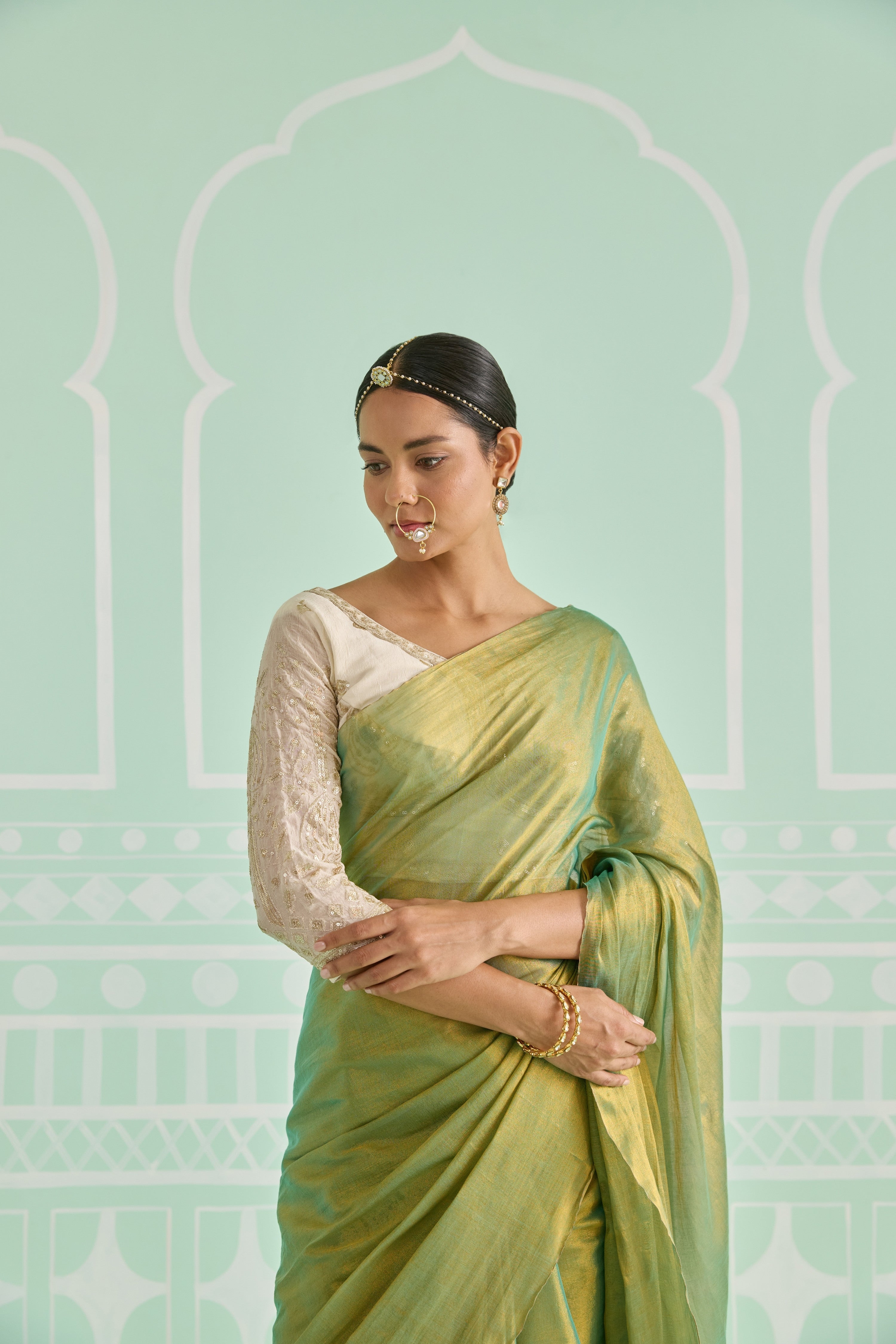 Pista Gold Tissue Handwoven Saree
