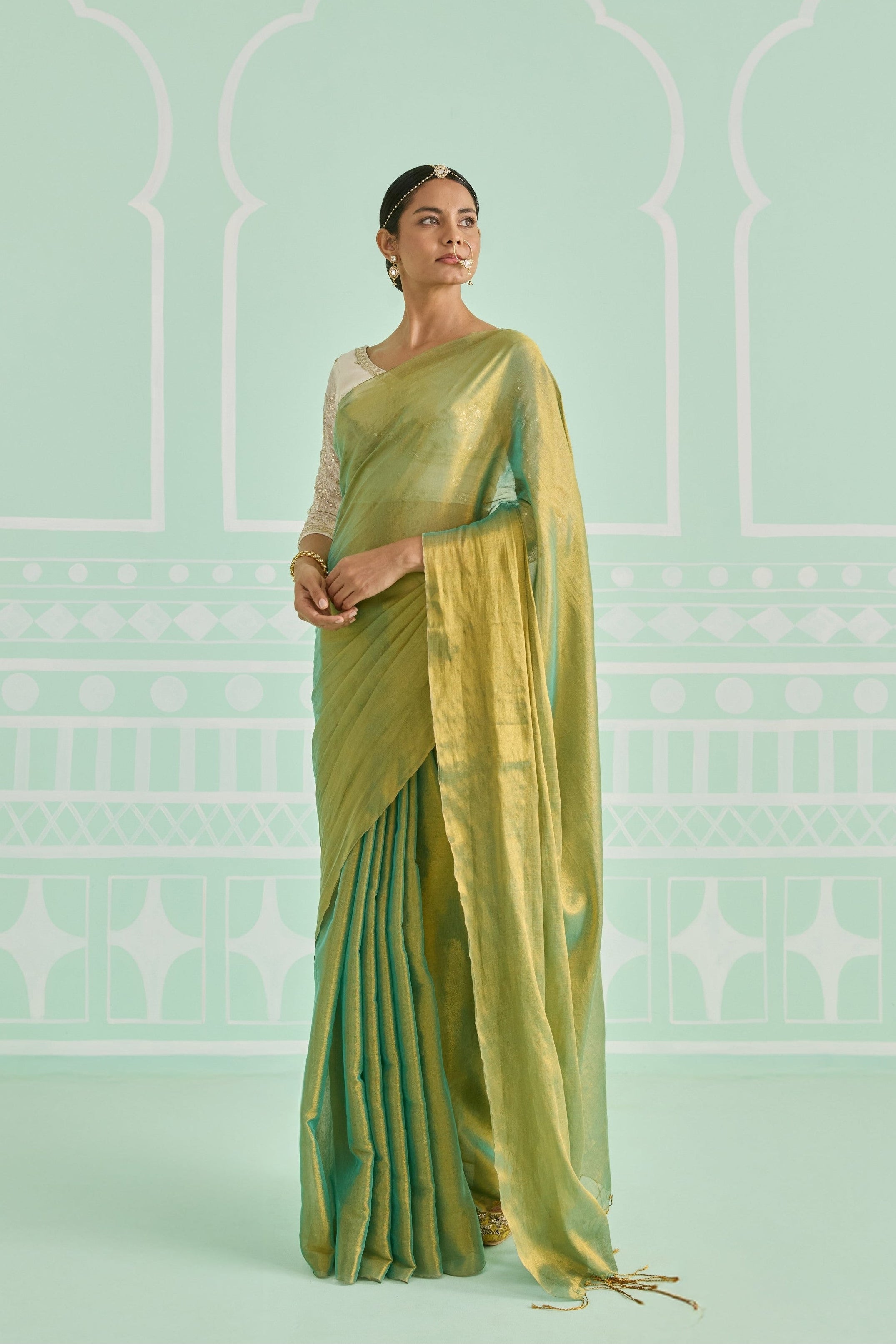 Pista Gold Tissue Handwoven Saree