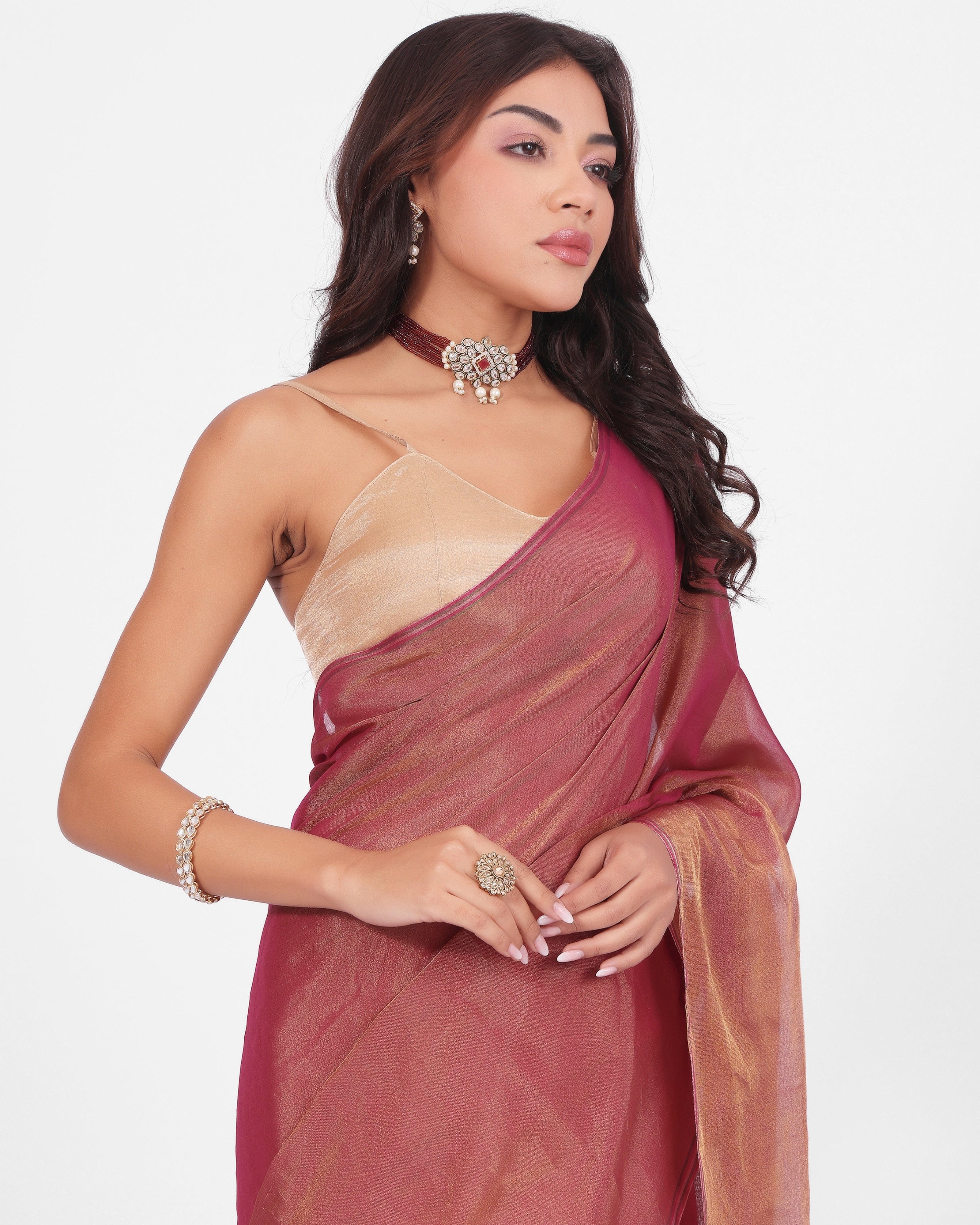 Rouge Pink Handloom Chanderi Tissue Saree