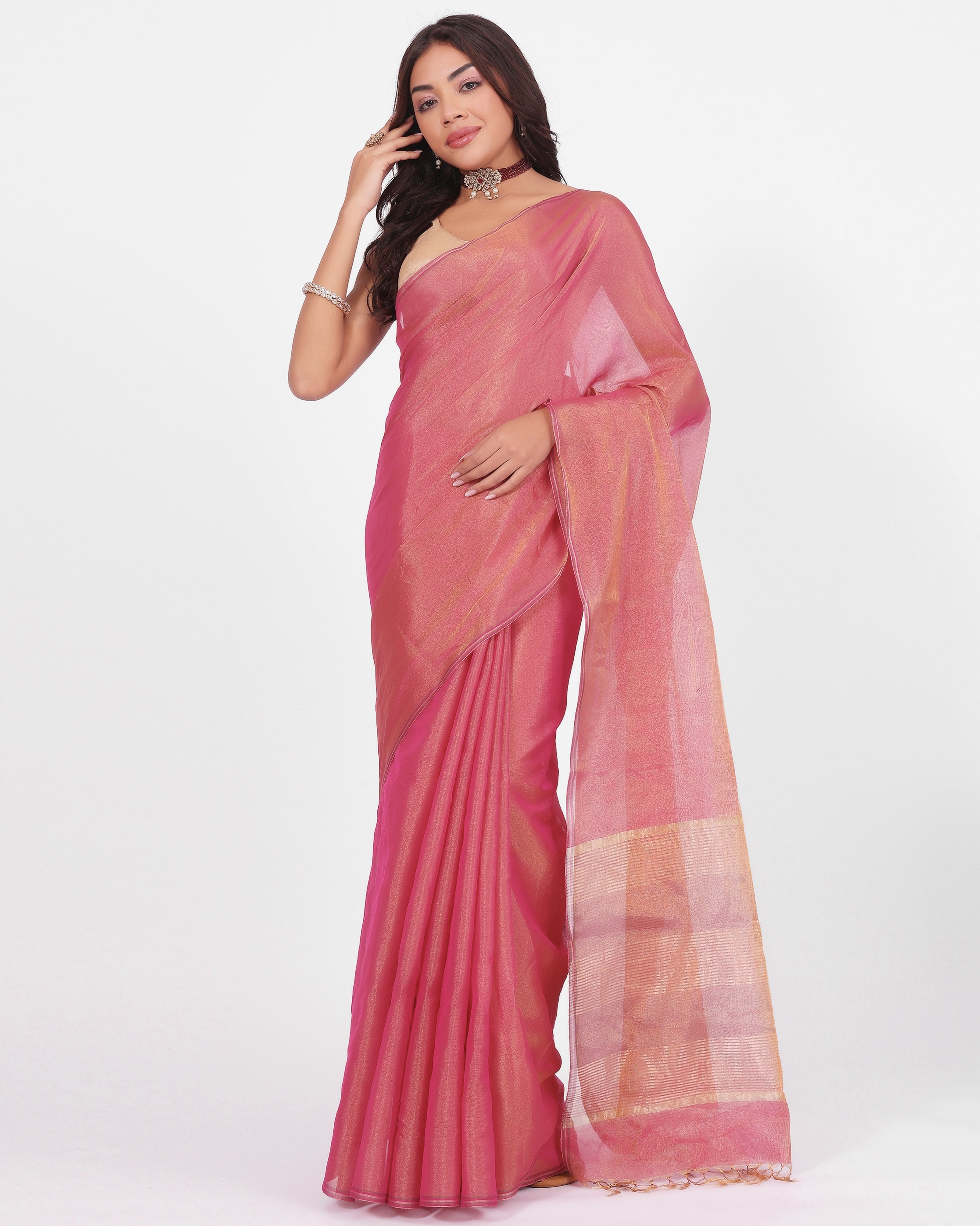 Dark Pink Handloom Chanderi Tissue Saree